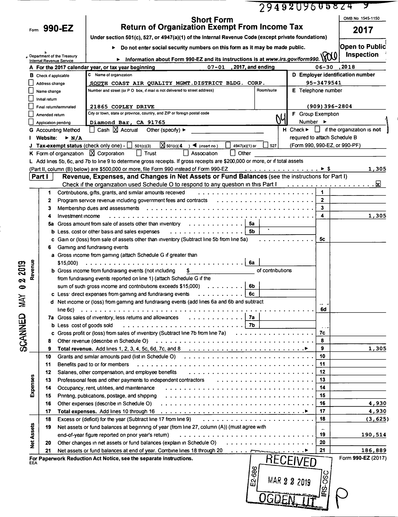 Image of first page of 2017 Form 990EO for South Coast Air Quality MGT District Bldg Corporation