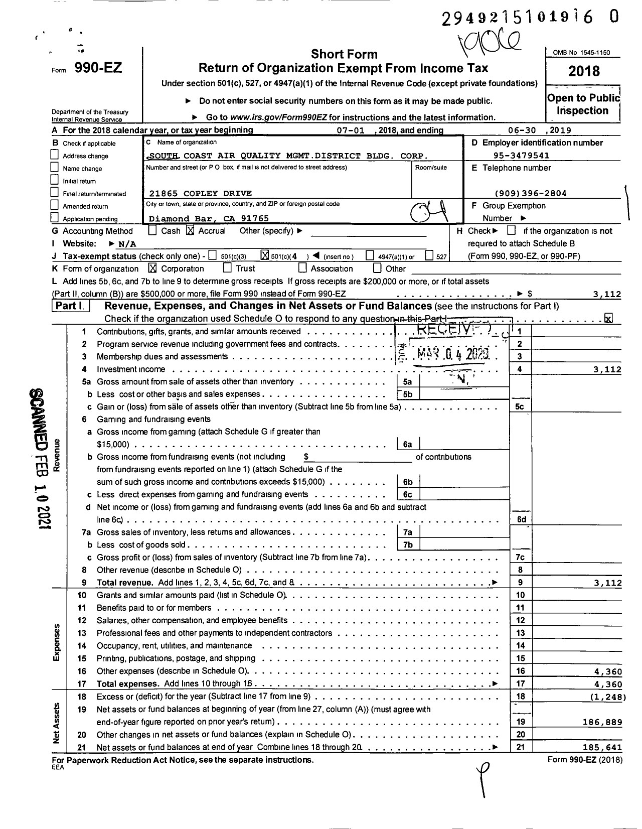 Image of first page of 2018 Form 990EO for South Coast Air Quality MGT District Bldg Corporation