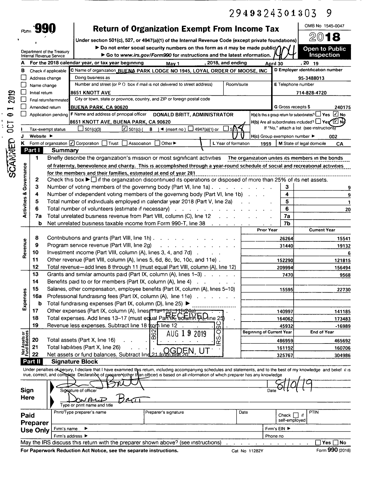 Image of first page of 2018 Form 990O for Loyal Order of Moose - 1945