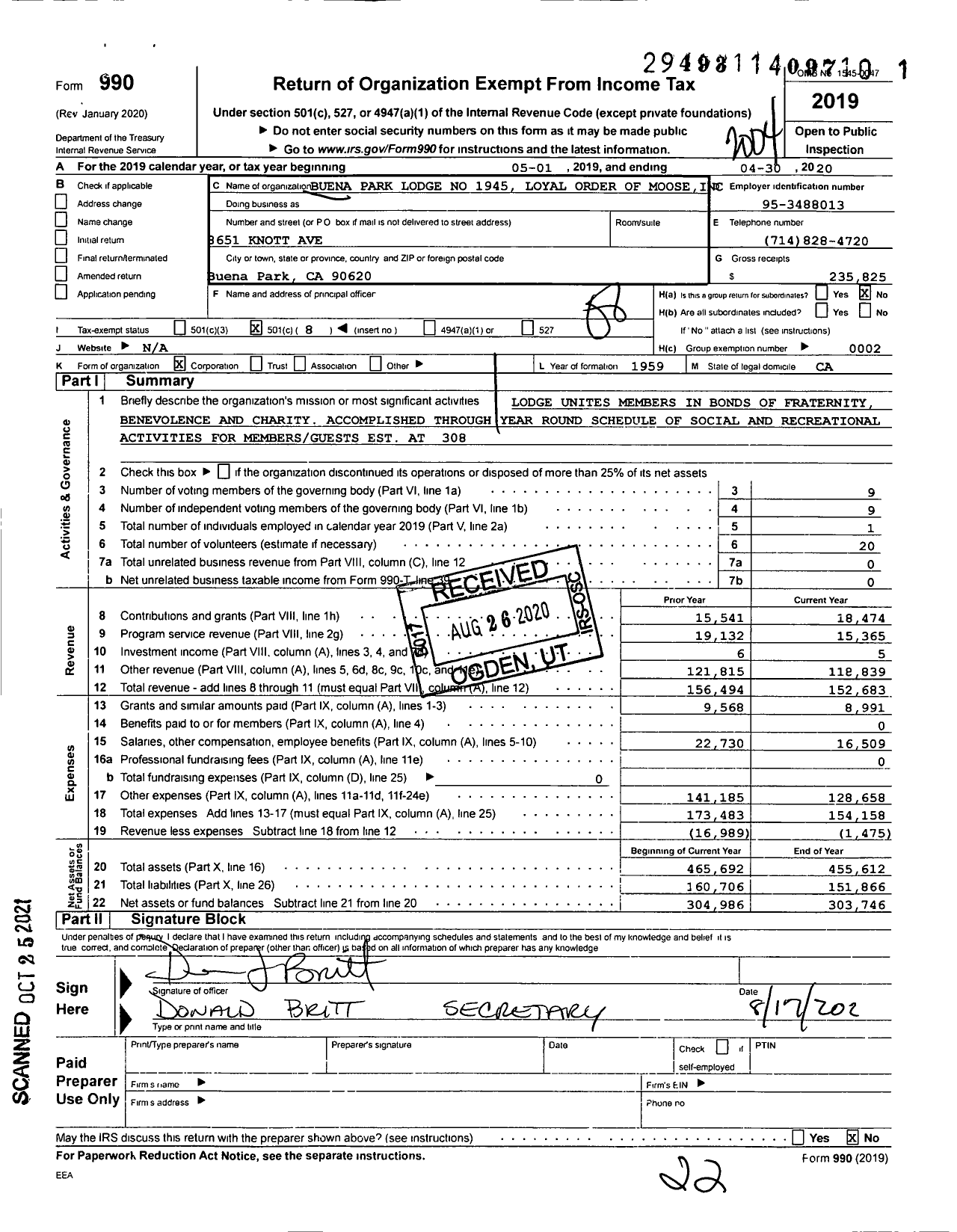 Image of first page of 2019 Form 990O for Loyal Order of Moose - 1945