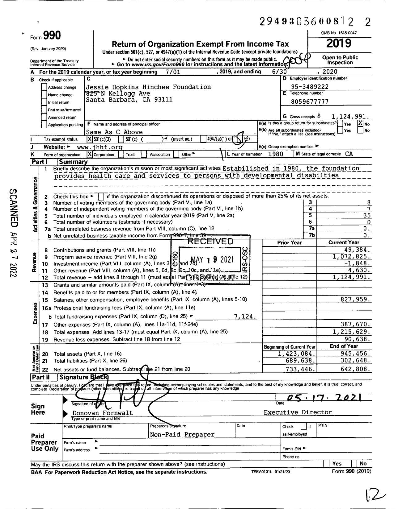 Image of first page of 2019 Form 990 for Jessie Hopkins Hinchee Foundation