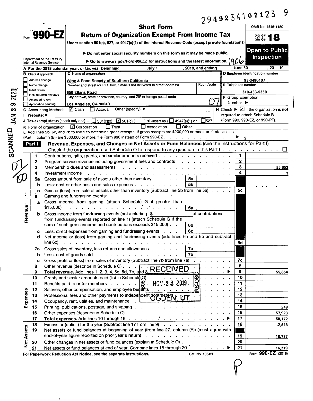 Image of first page of 2018 Form 990EO for Wine and Food Society of Southern California