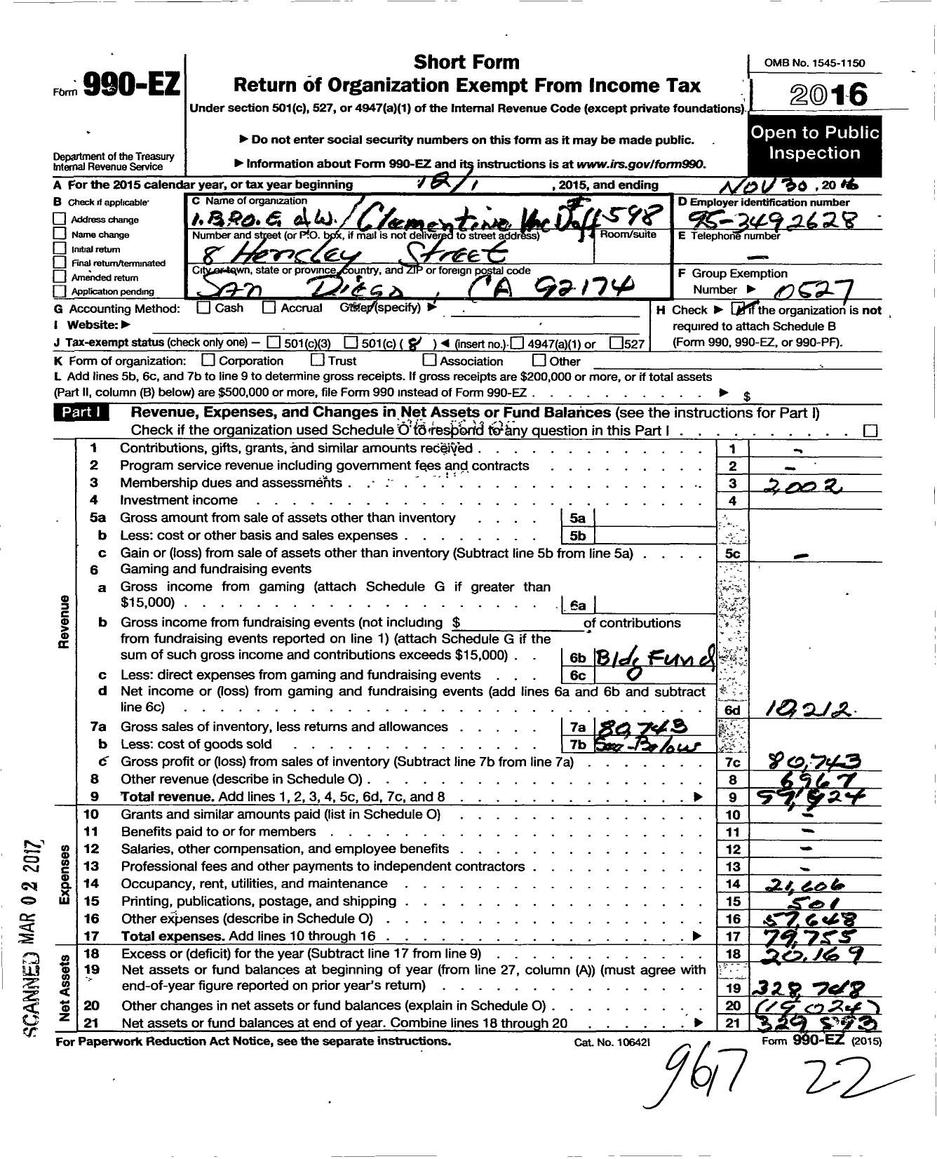 Image of first page of 2015 Form 990EO for Improved Benevolent and Protective Order of Elks of the World - 598 Clementine Mcduff