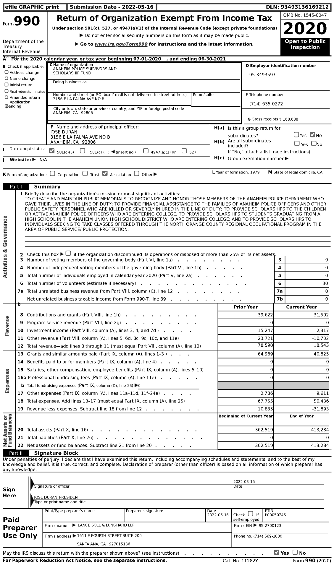 Image of first page of 2020 Form 990 for Anaheim Police Survivors and Scholarship Fund