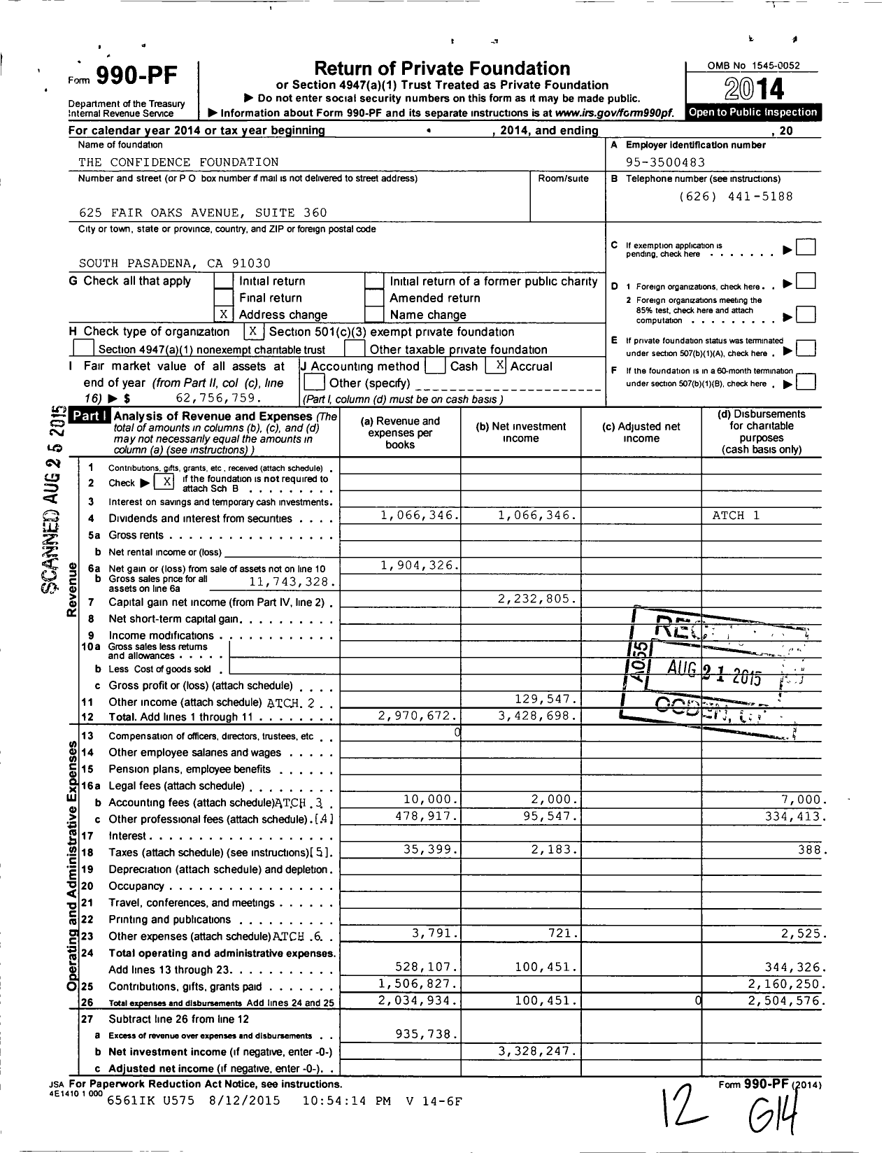 Image of first page of 2014 Form 990PF for Confidence Foundation