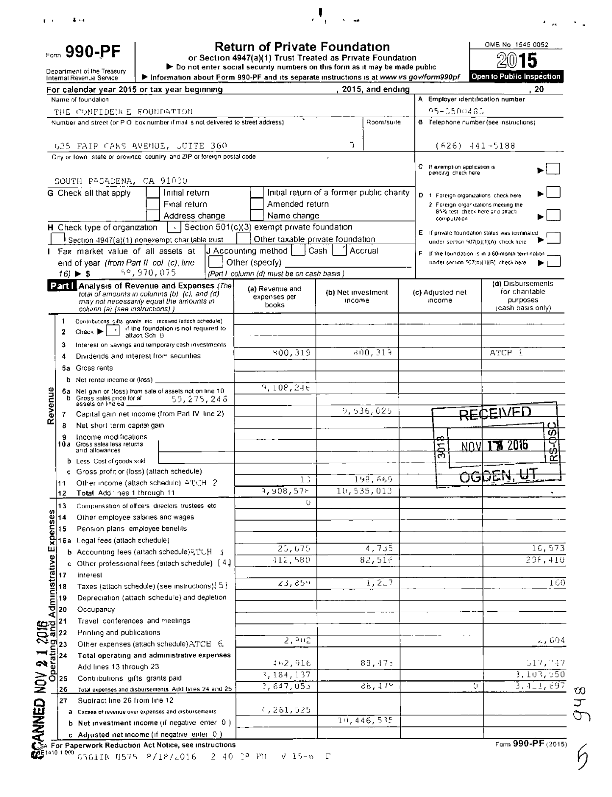 Image of first page of 2015 Form 990PF for Confidence Foundation