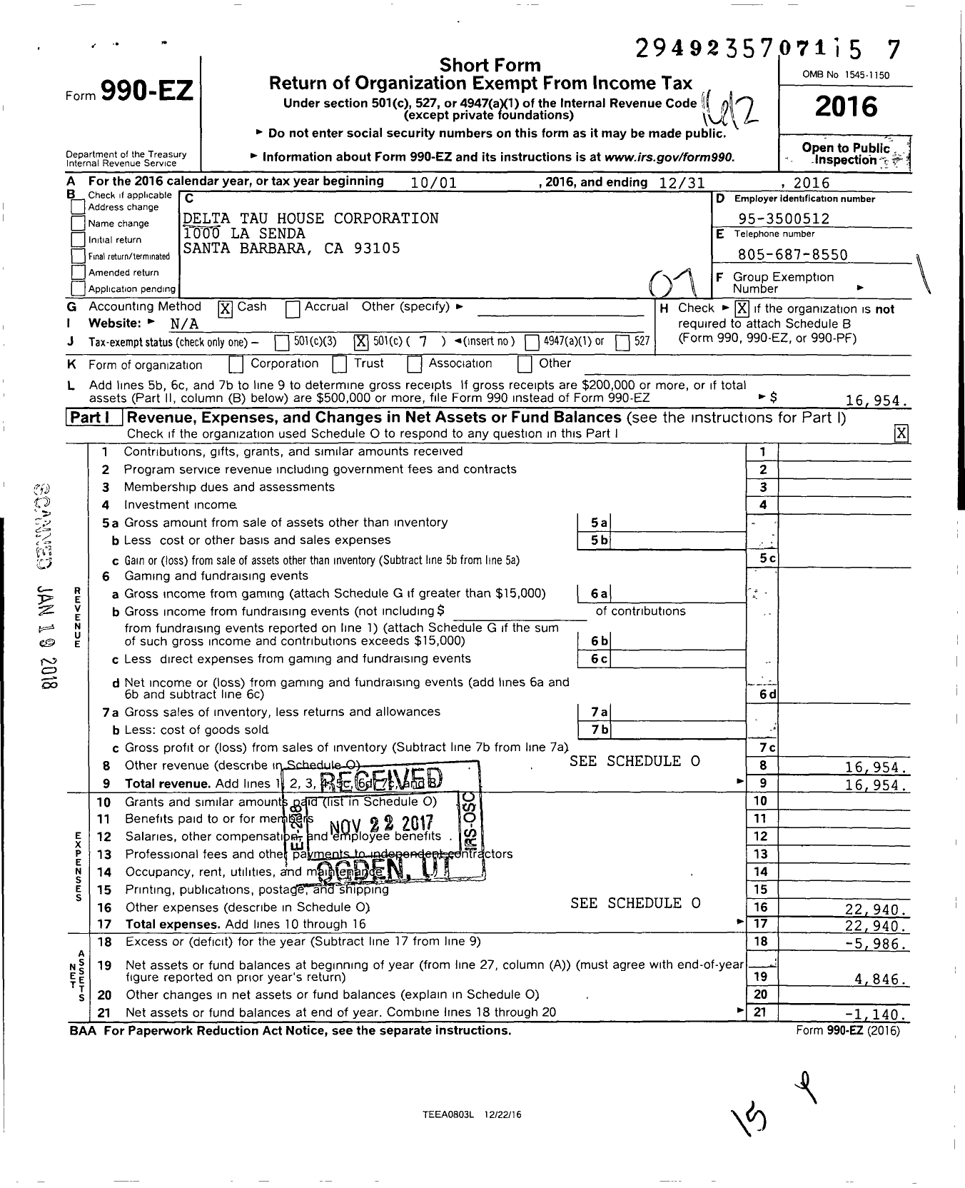 Image of first page of 2016 Form 990EO for Delta Tau House Corporation