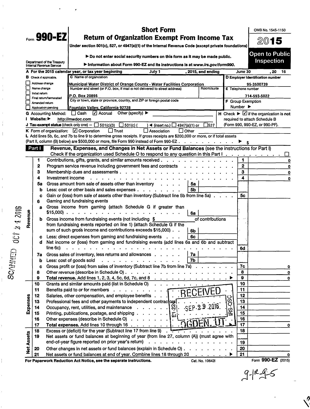 Image of first page of 2015 Form 990EO for Municipal Water District of Orange County Walter Facilities Corporation