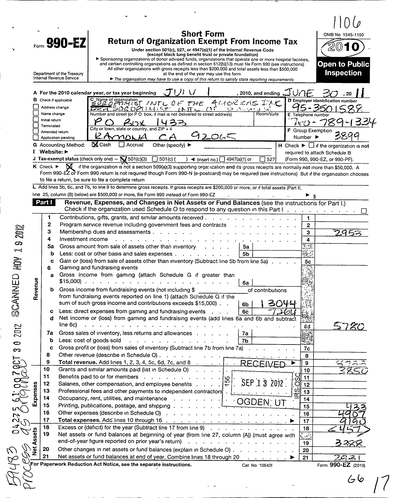 Image of first page of 2010 Form 990EZ for Soroptimist International of the Americas - 113228 Ramona Ca