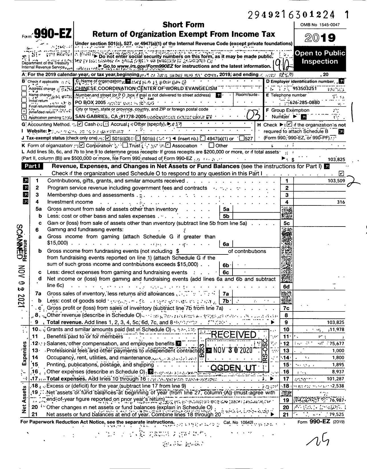 Image of first page of 2019 Form 990EZ for Chinese Coordination Center of World Evangelism