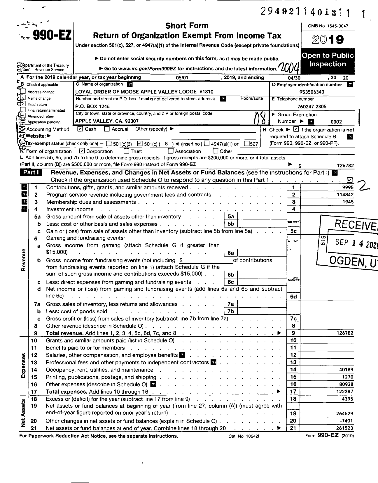 Image of first page of 2019 Form 990EO for Loyal Order of Moose Apple Valley Lodge 1810