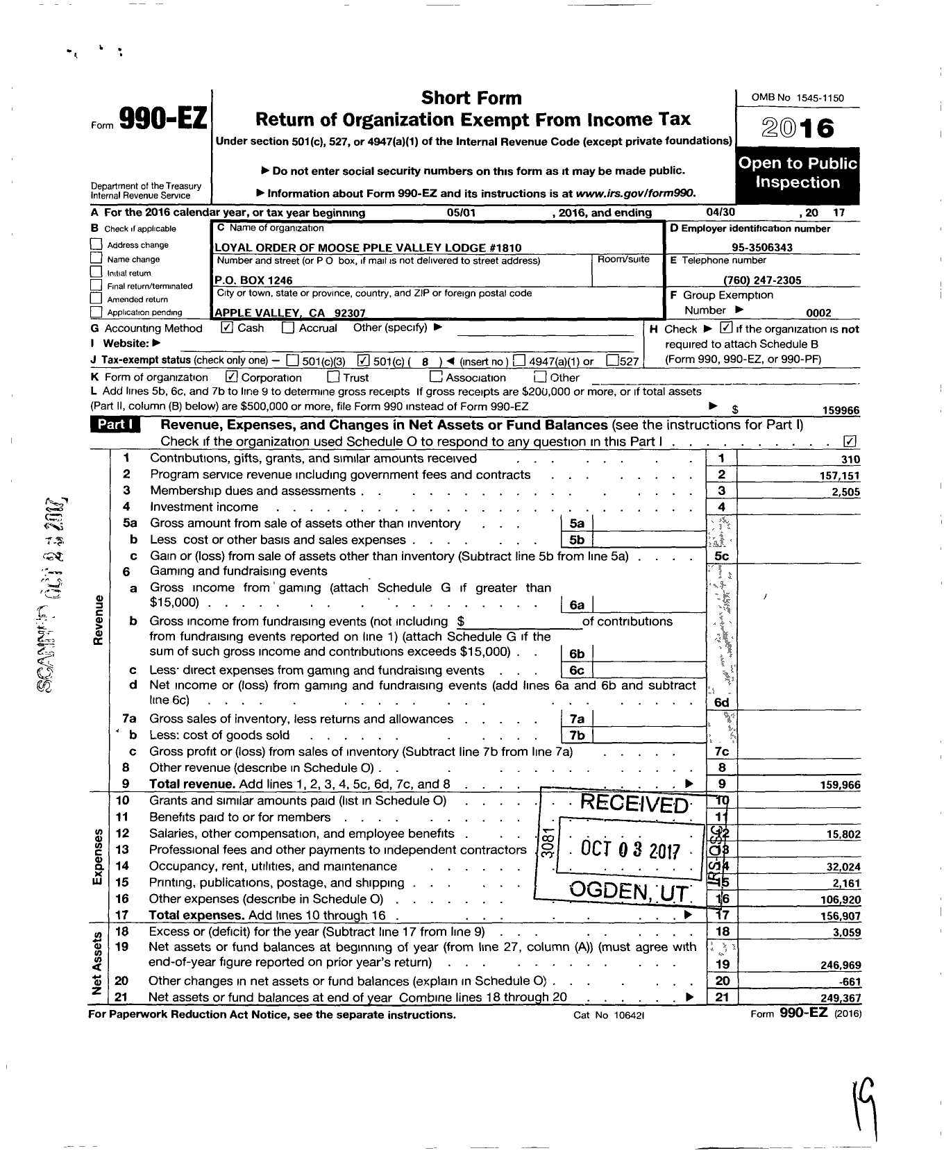 Image of first page of 2016 Form 990EO for Loyal Order of Moose Apple Valley Lodge 1810