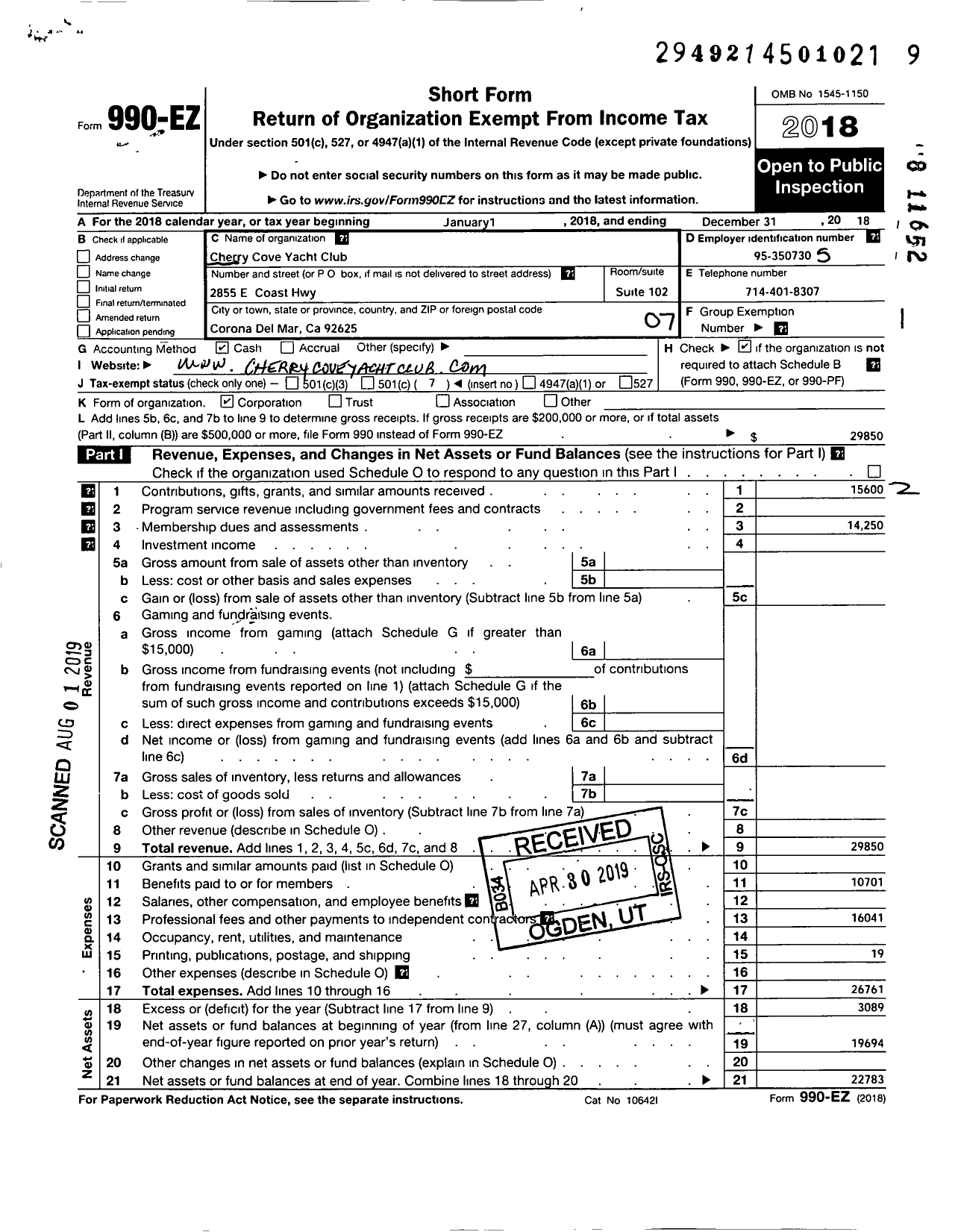 Image of first page of 2018 Form 990EO for Cherry Cove Yacht Club