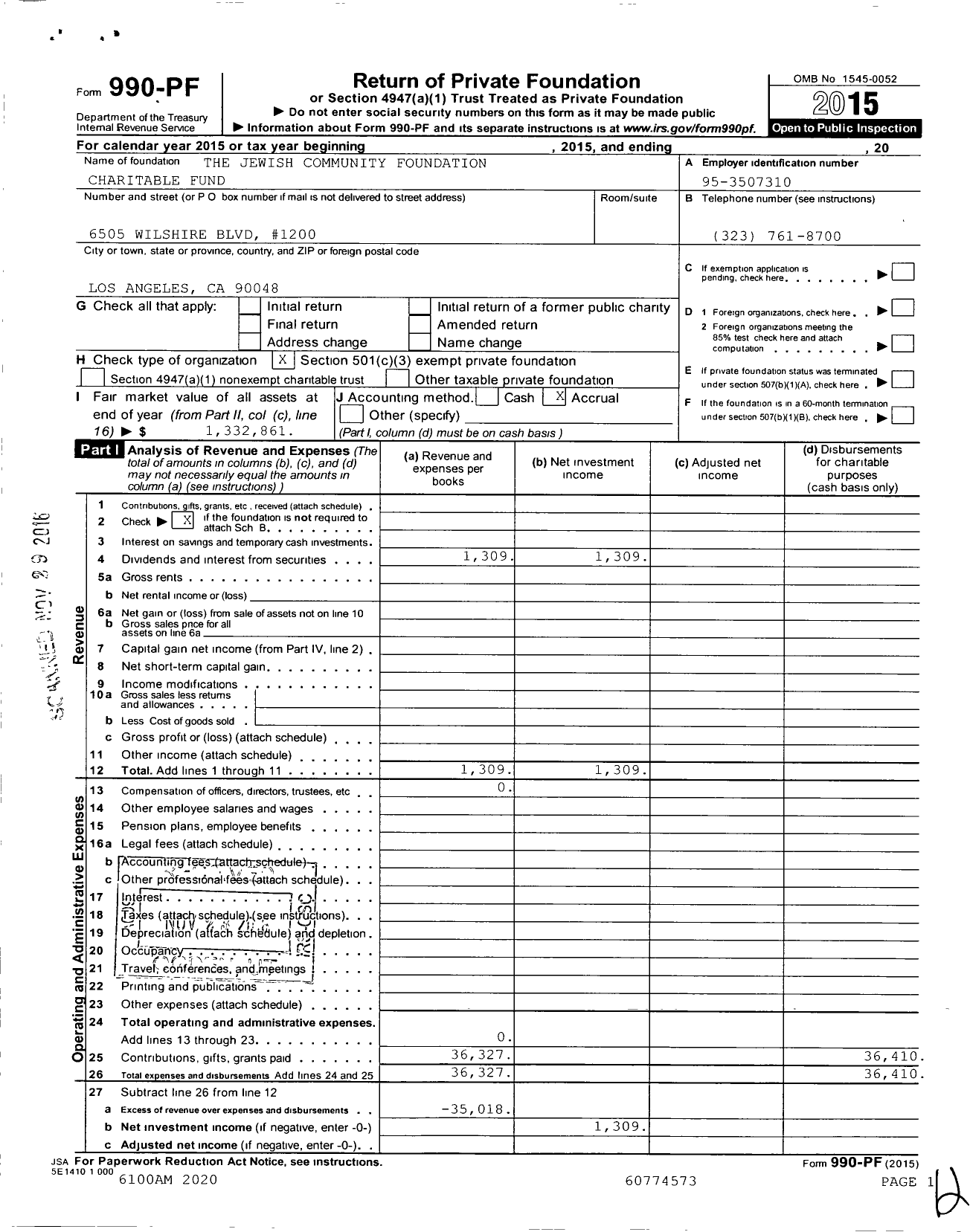 Image of first page of 2015 Form 990PF for The Jewish Community Foundation Charitable Fund