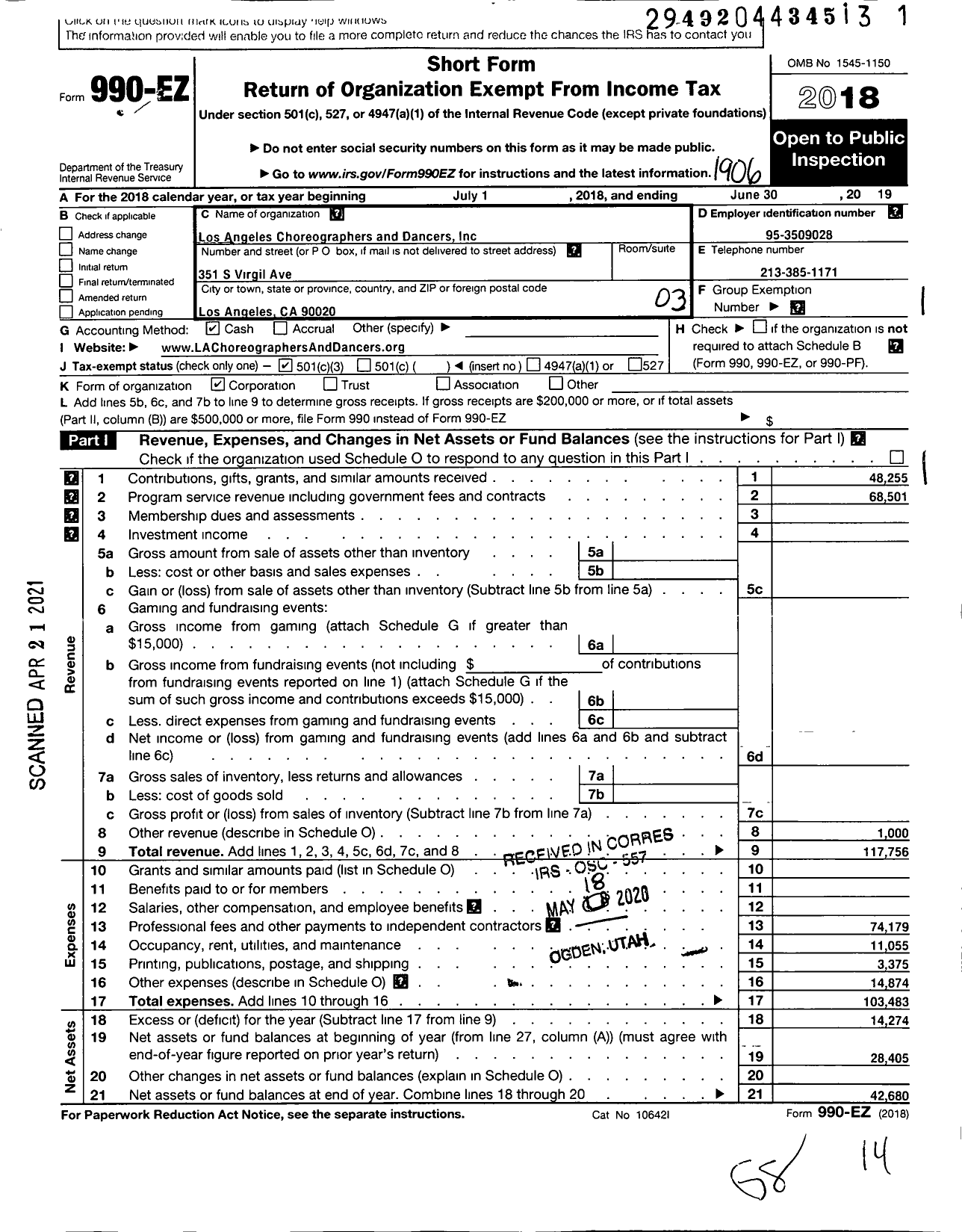 Image of first page of 2018 Form 990EZ for Los Angeles Choregraphers and Dancers