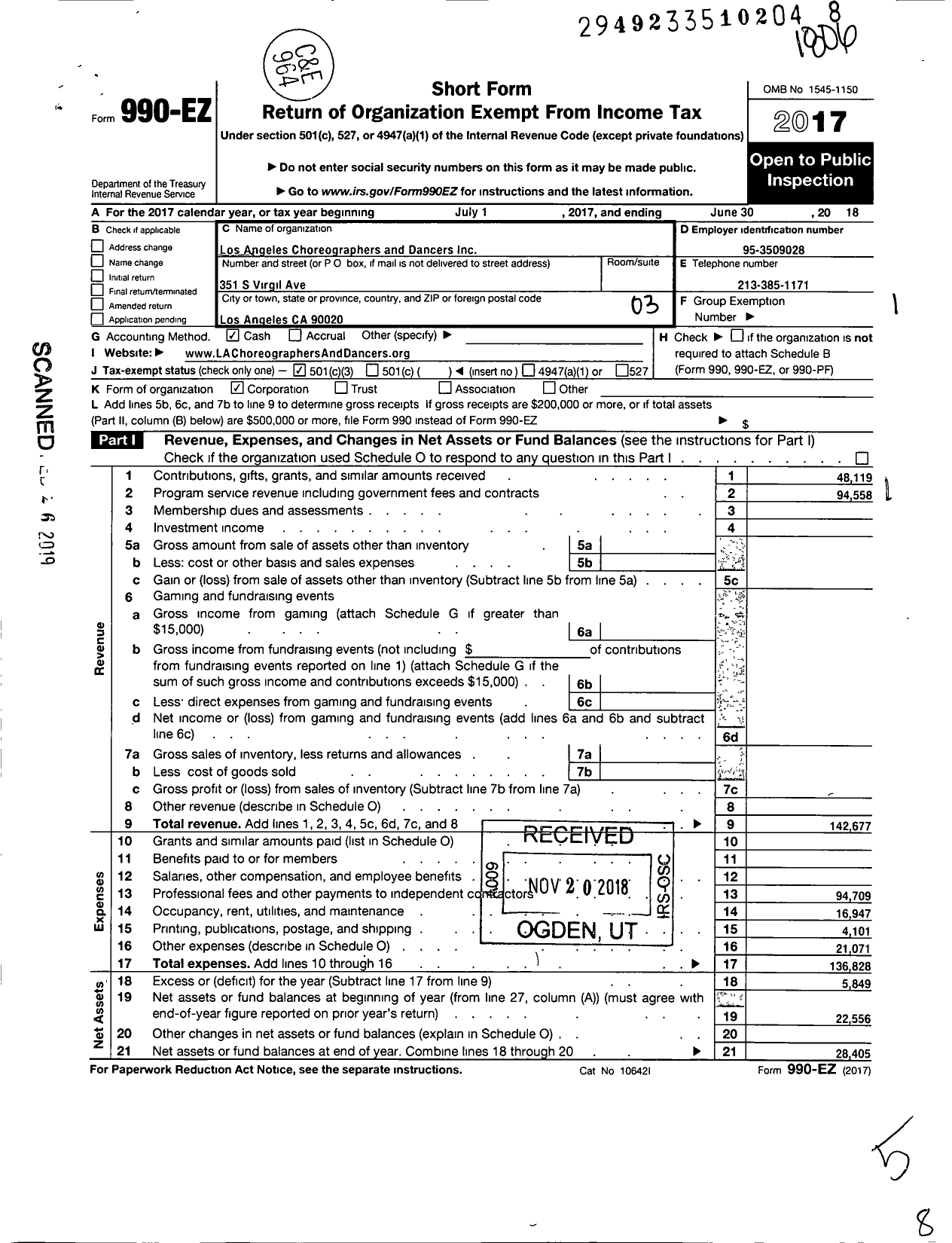 Image of first page of 2017 Form 990EZ for Los Angeles Choregraphers and Dancers