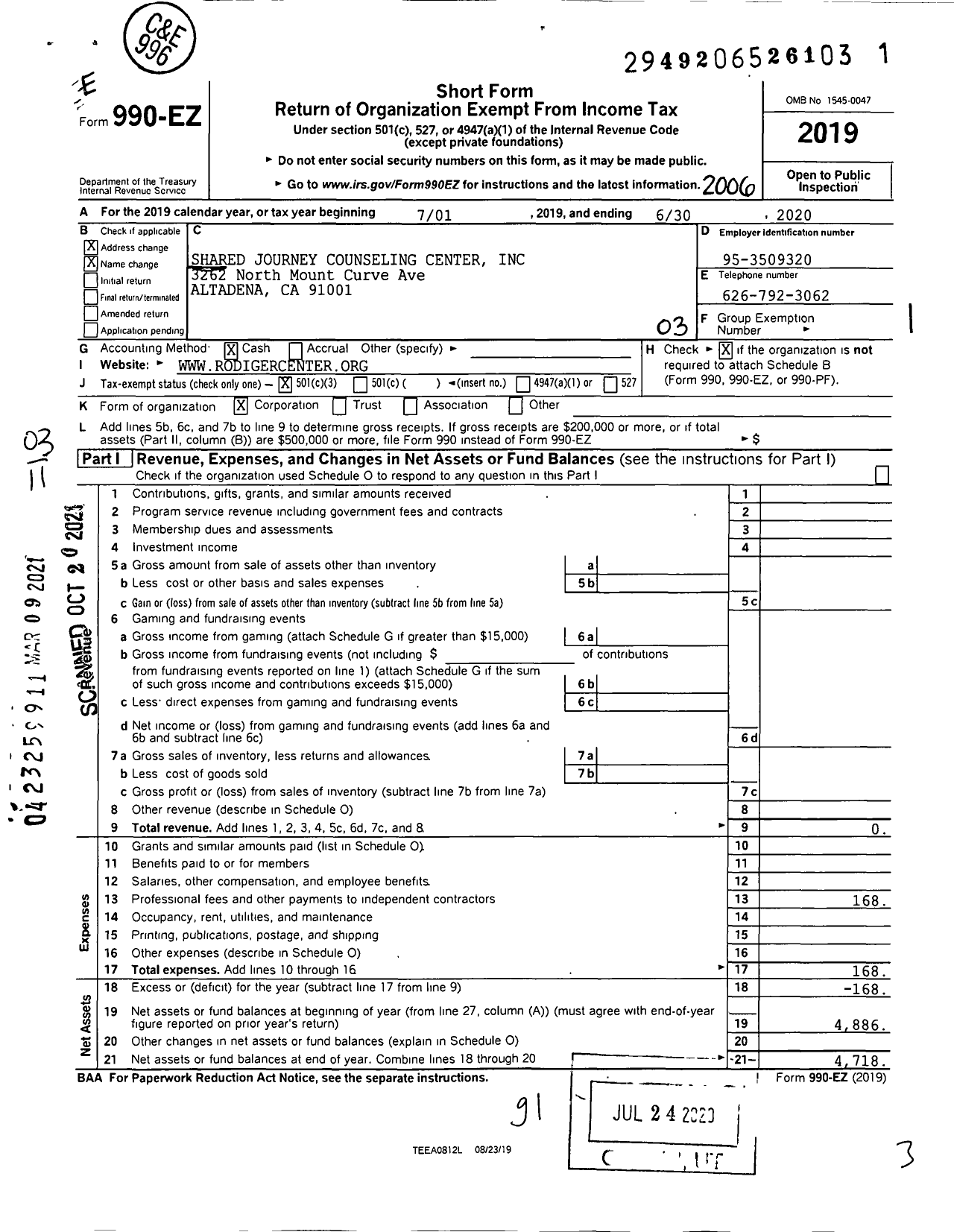 Image of first page of 2019 Form 990EZ for Shared Journey Counseling Center