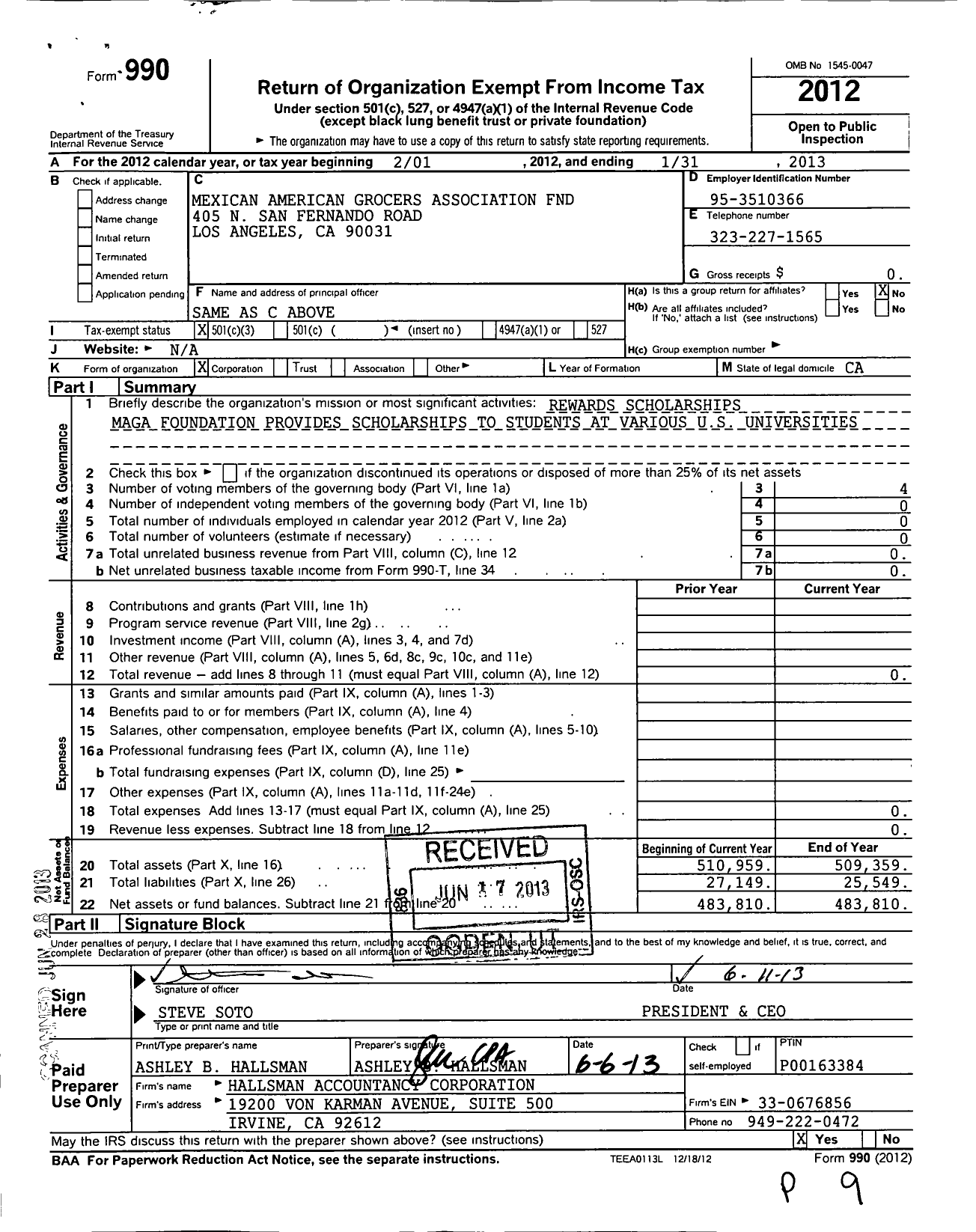 Image of first page of 2012 Form 990 for Mexican American Grocers Association FND