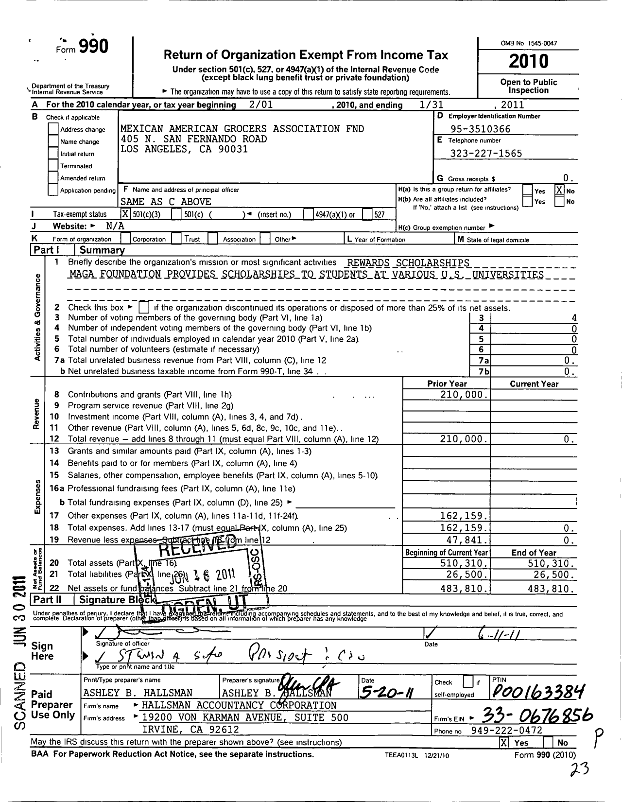 Image of first page of 2010 Form 990 for Mexican American Grocers Association FND