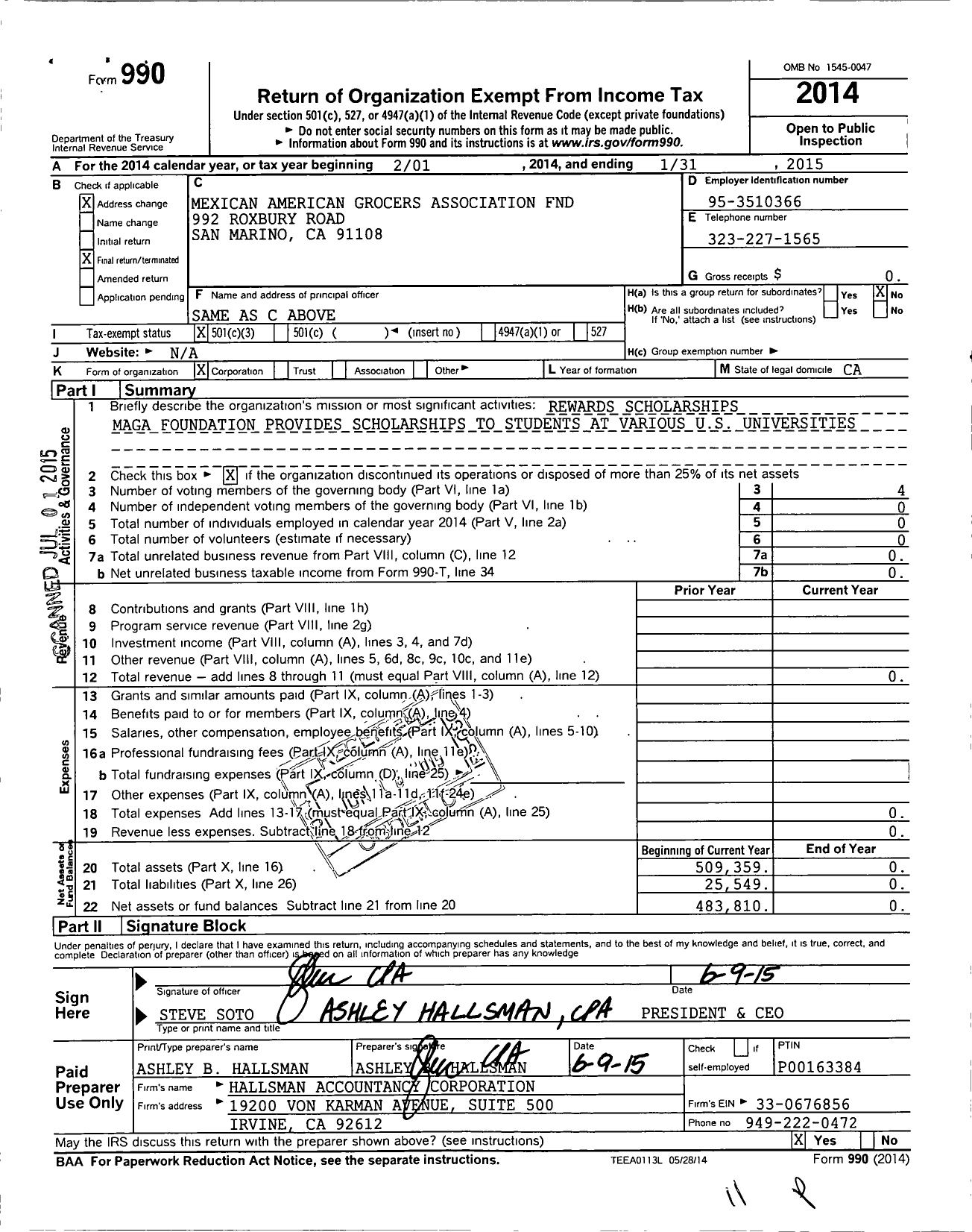 Image of first page of 2014 Form 990 for Mexican American Grocers Association FND