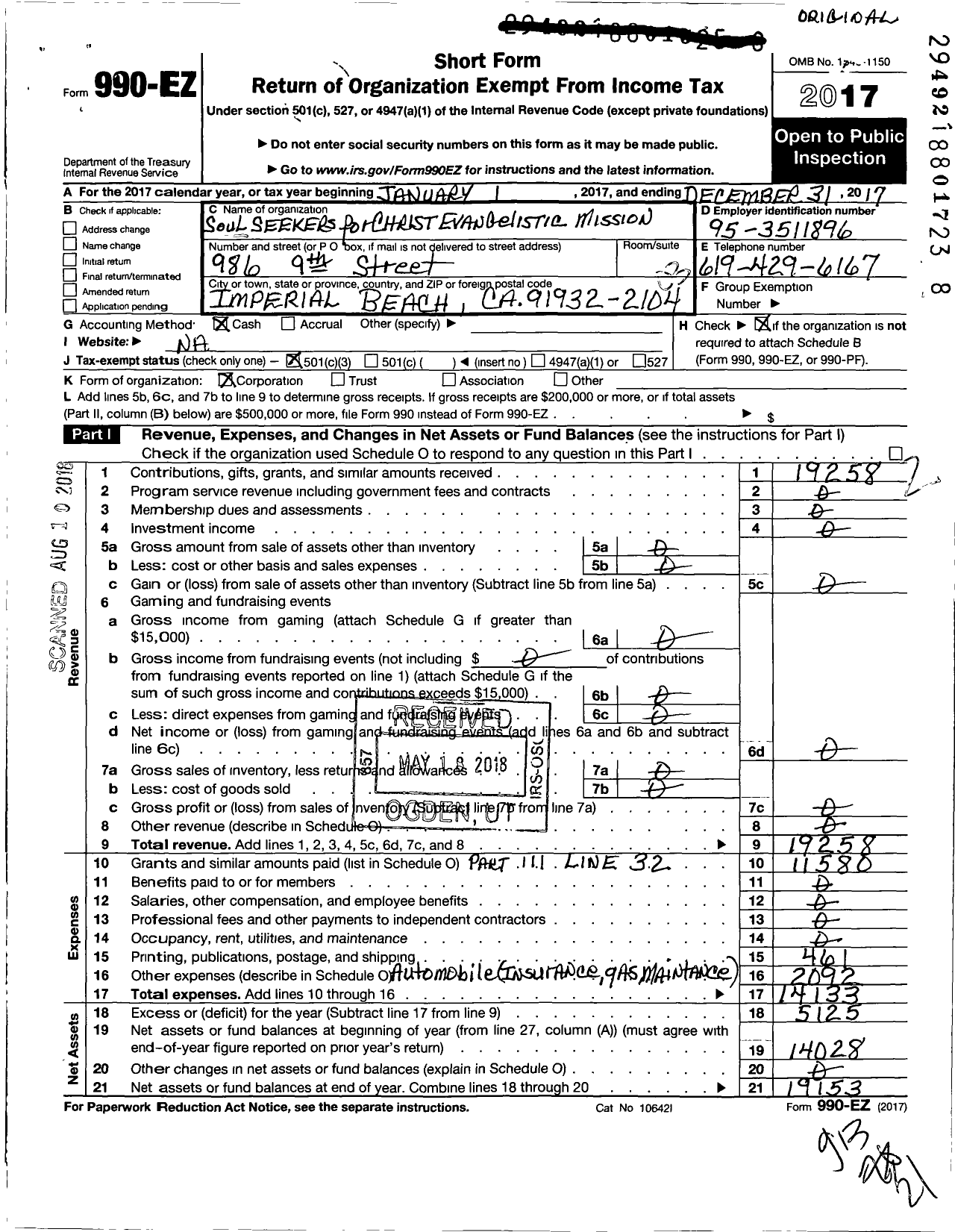 Image of first page of 2017 Form 990EZ for Soul Seekers for Christ Evangelistic Mission