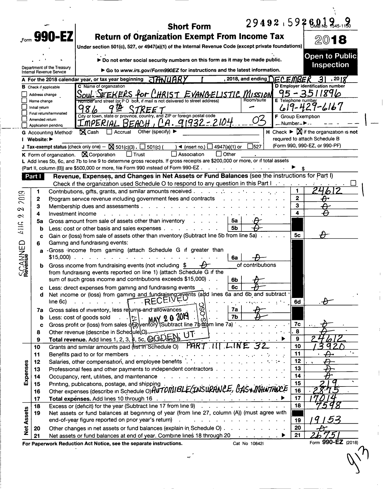 Image of first page of 2018 Form 990EZ for Soul Seekers for Christ Evangelistic Mission