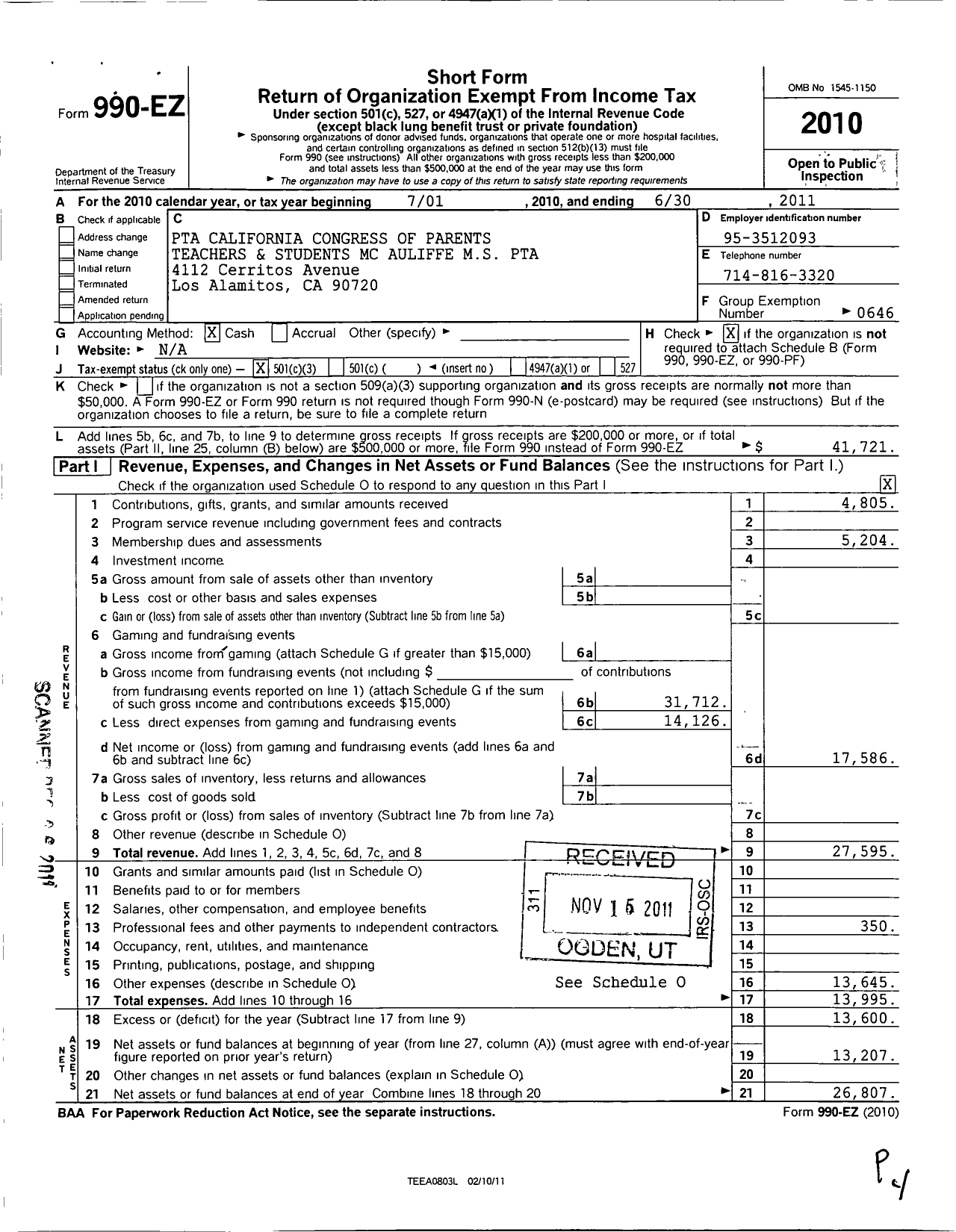 Image of first page of 2010 Form 990EZ for California State PTA - Mcauliffe Middle PTA