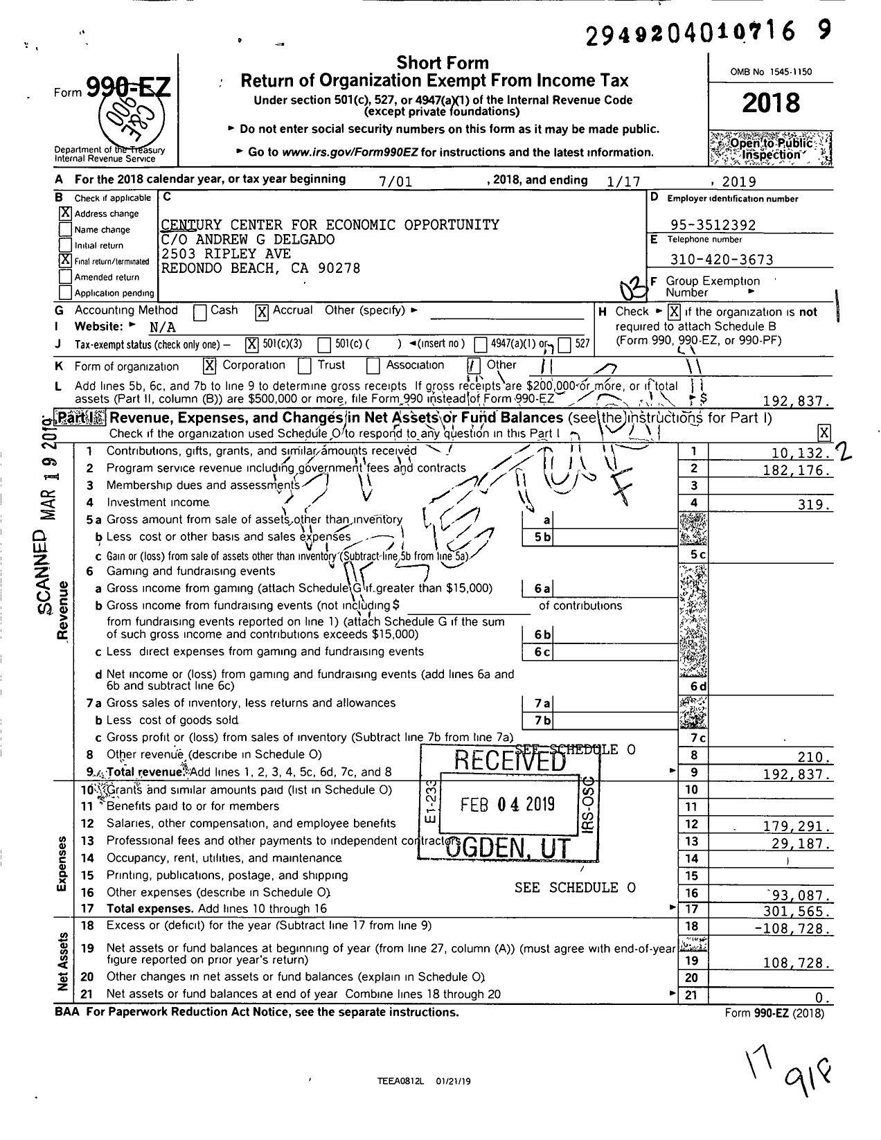 Image of first page of 2018 Form 990EZ for Century Center for Economic Opportunity (CCEO)