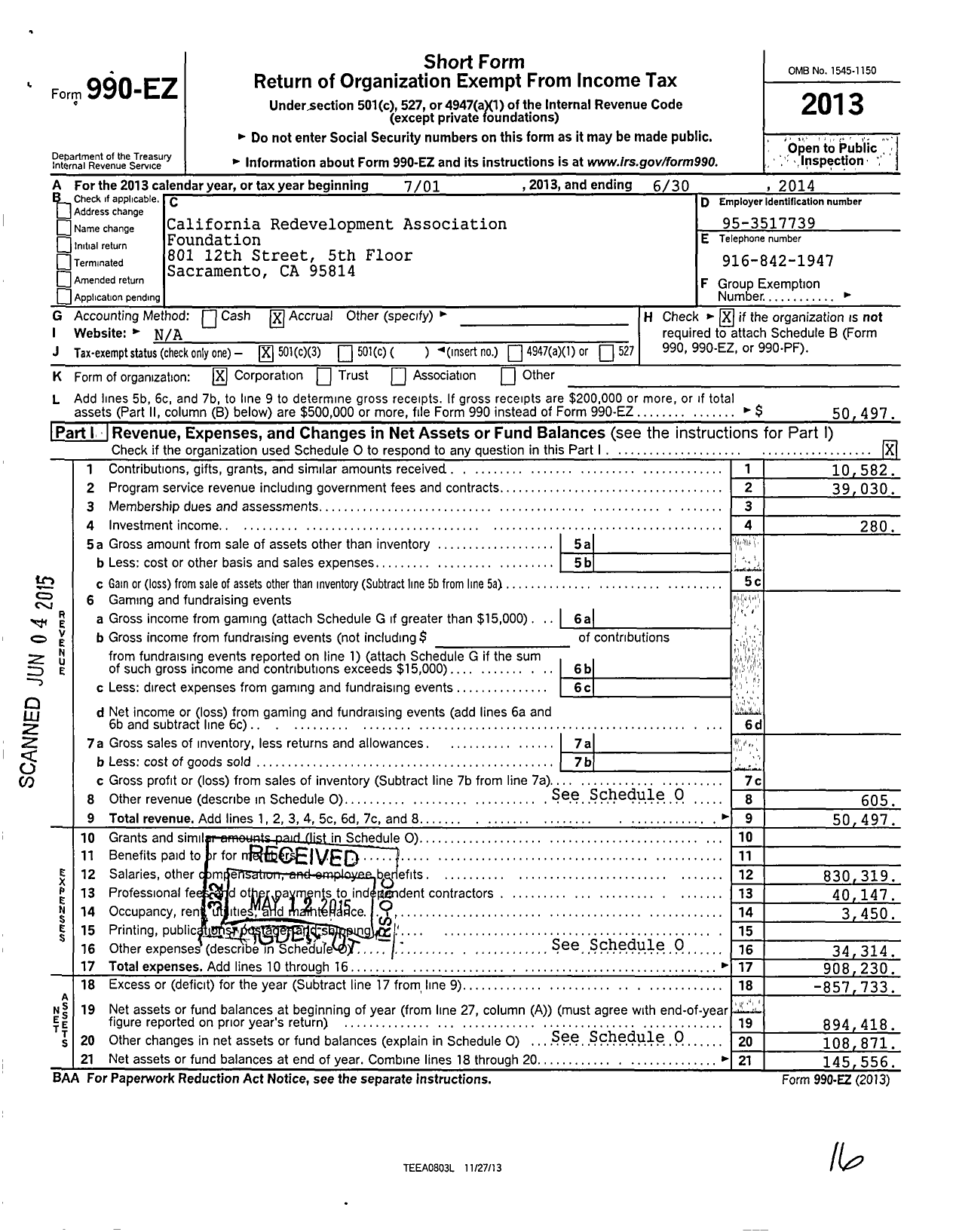 Image of first page of 2013 Form 990EZ for California Redevelopment Association Foundation