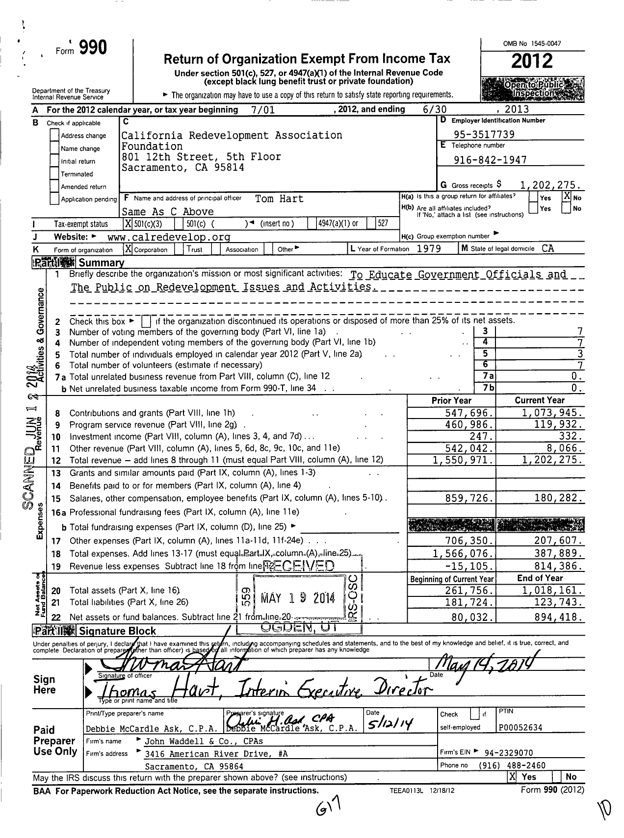 Image of first page of 2012 Form 990 for California Redevelopment Association Foundation