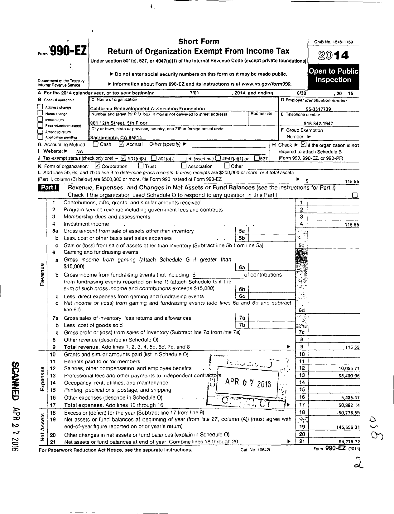 Image of first page of 2014 Form 990EZ for California Redevelopment Association Foundation