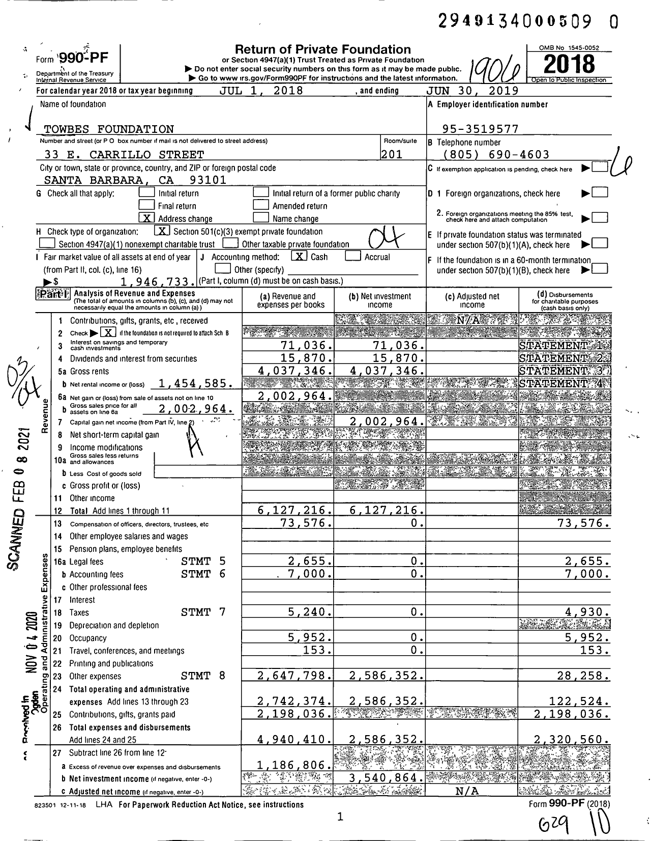 Image of first page of 2018 Form 990PF for Towbes Foundation