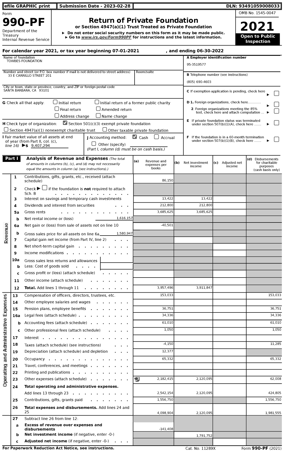 Image of first page of 2021 Form 990PF for Towbes Foundation