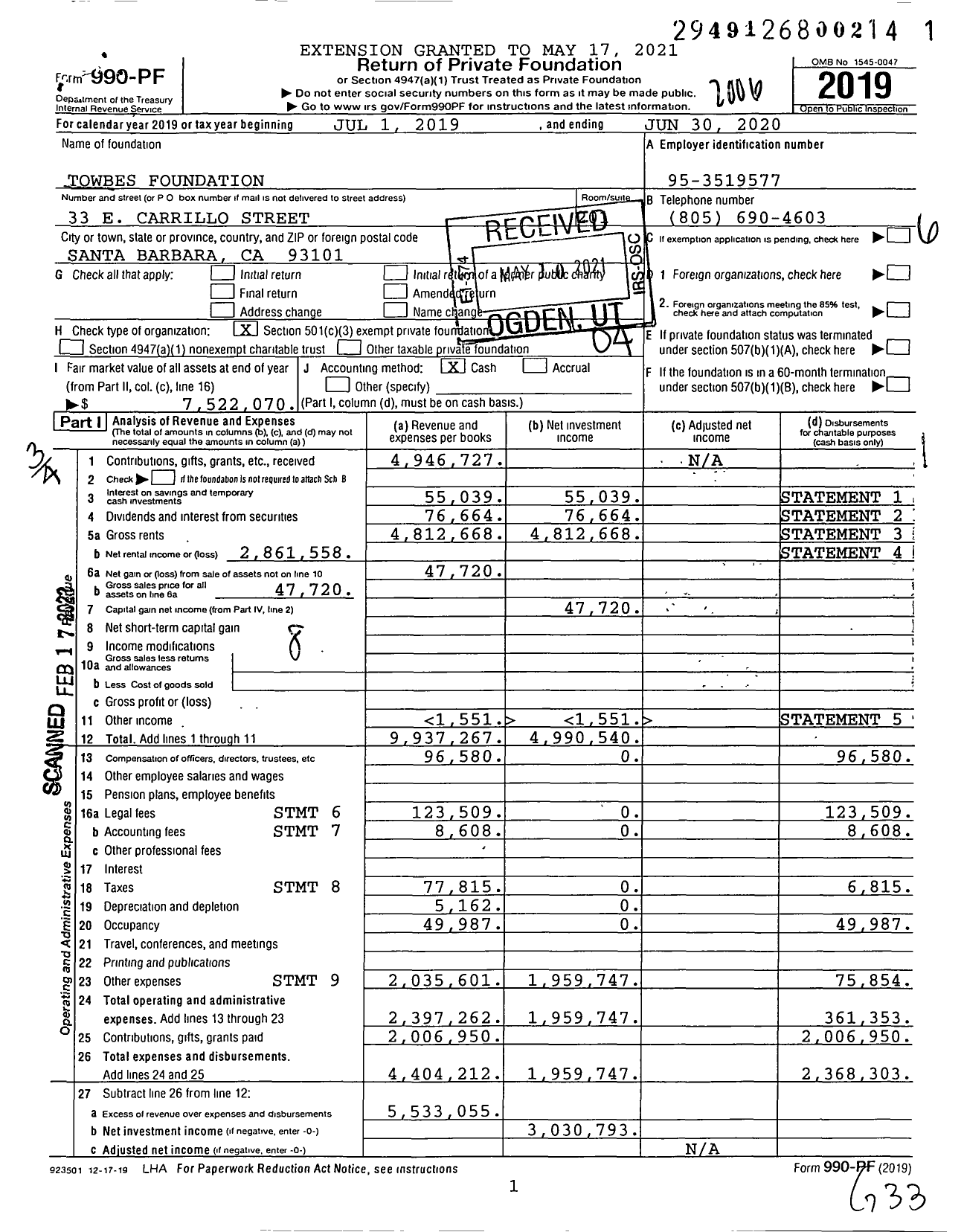 Image of first page of 2019 Form 990PF for Towbes Foundation