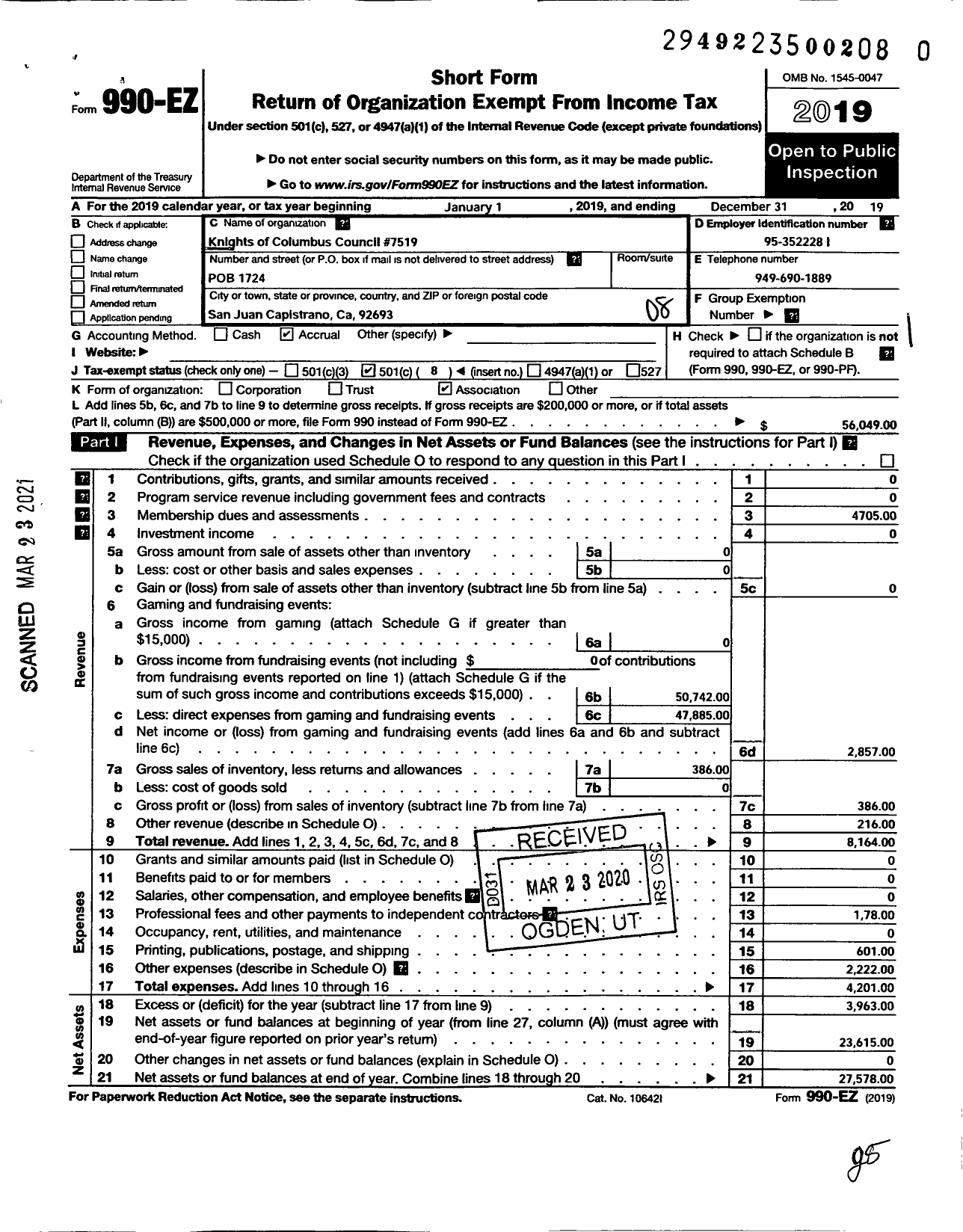 Image of first page of 2019 Form 990EO for Knights of Columbus - 7519 MSGR Paul Martin Council