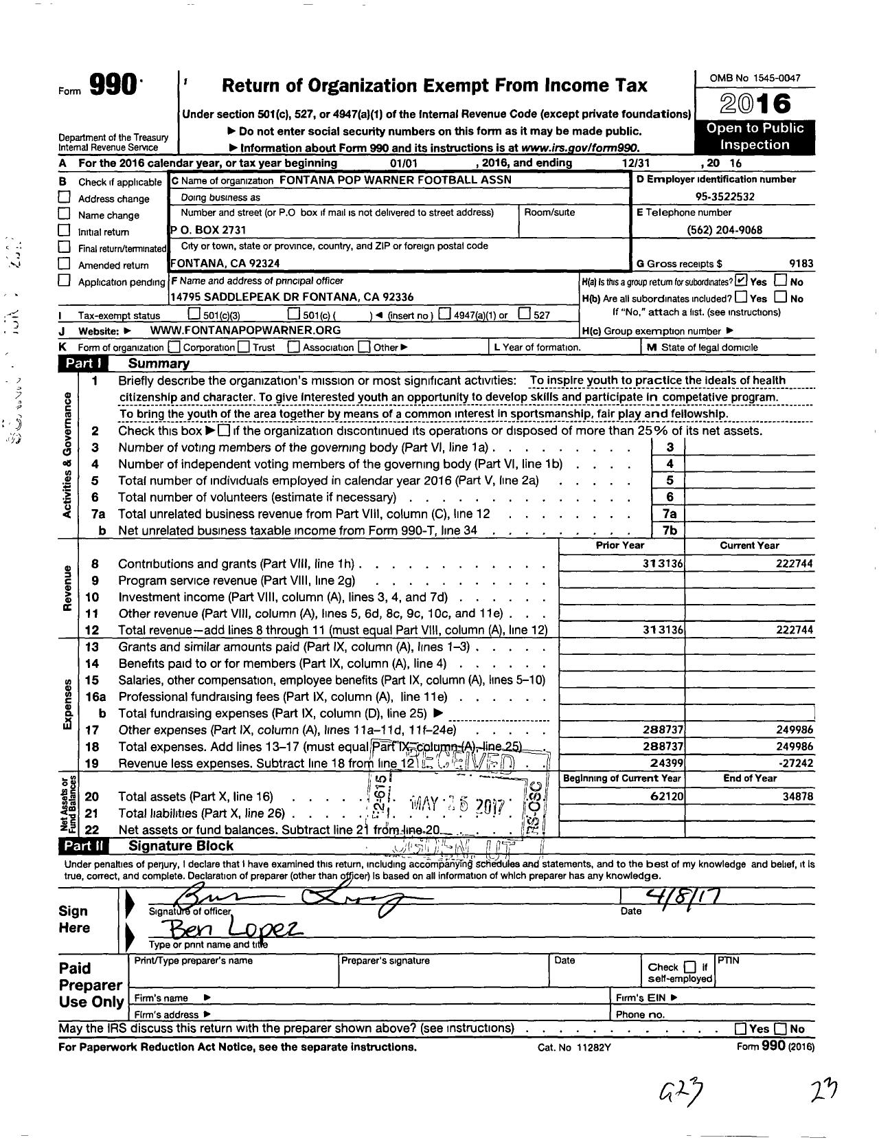 Image of first page of 2016 Form 990O for Fontana Pop Warner Football Association