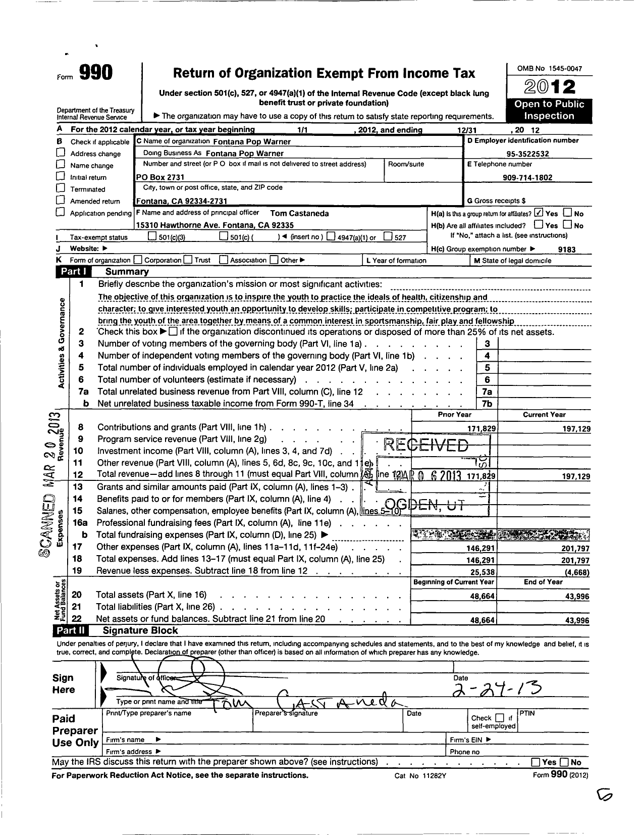 Image of first page of 2012 Form 990O for Fontana Pop Warner Football Association