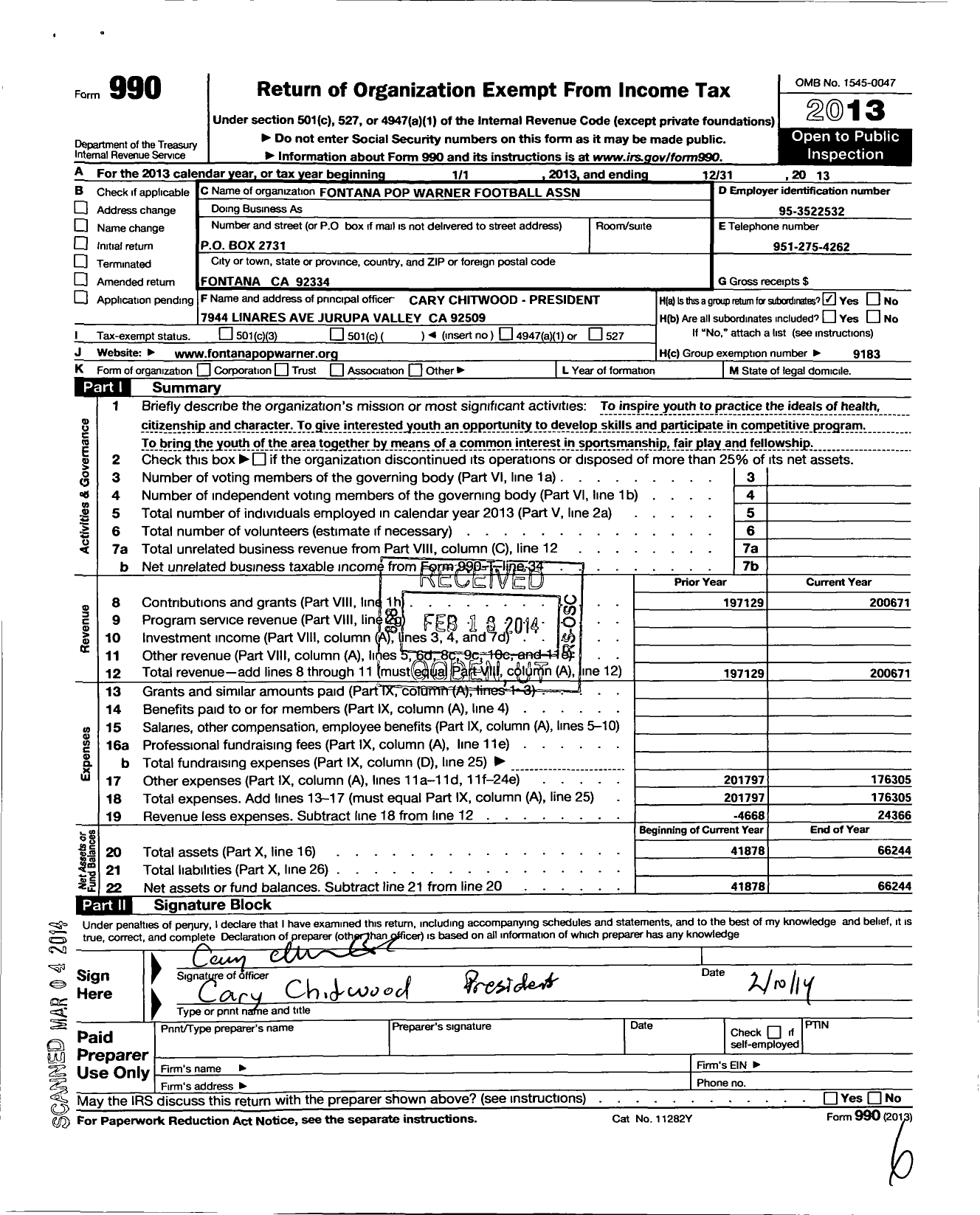 Image of first page of 2013 Form 990O for Fontana Pop Warner Football Association