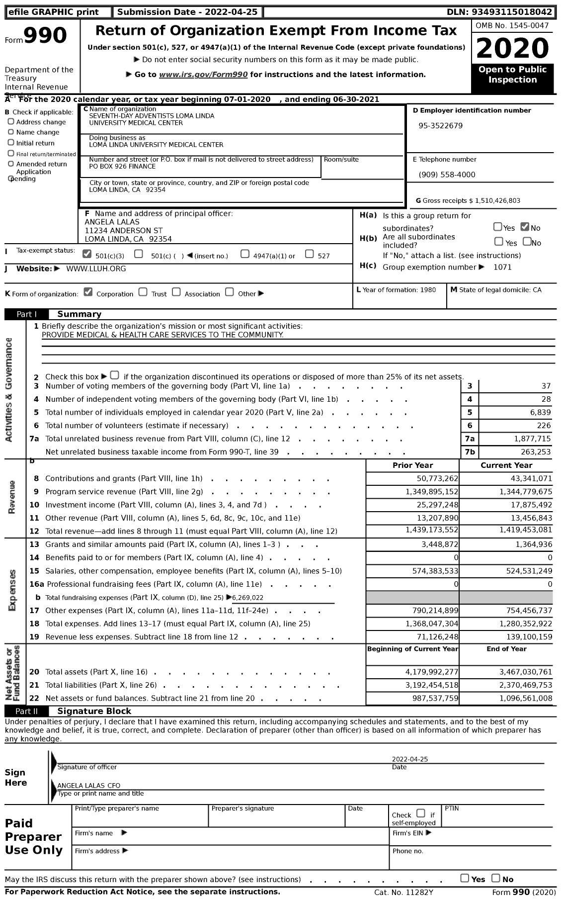 Image of first page of 2020 Form 990 for Seventh-Day Adventists Loma Linda University Medical Center