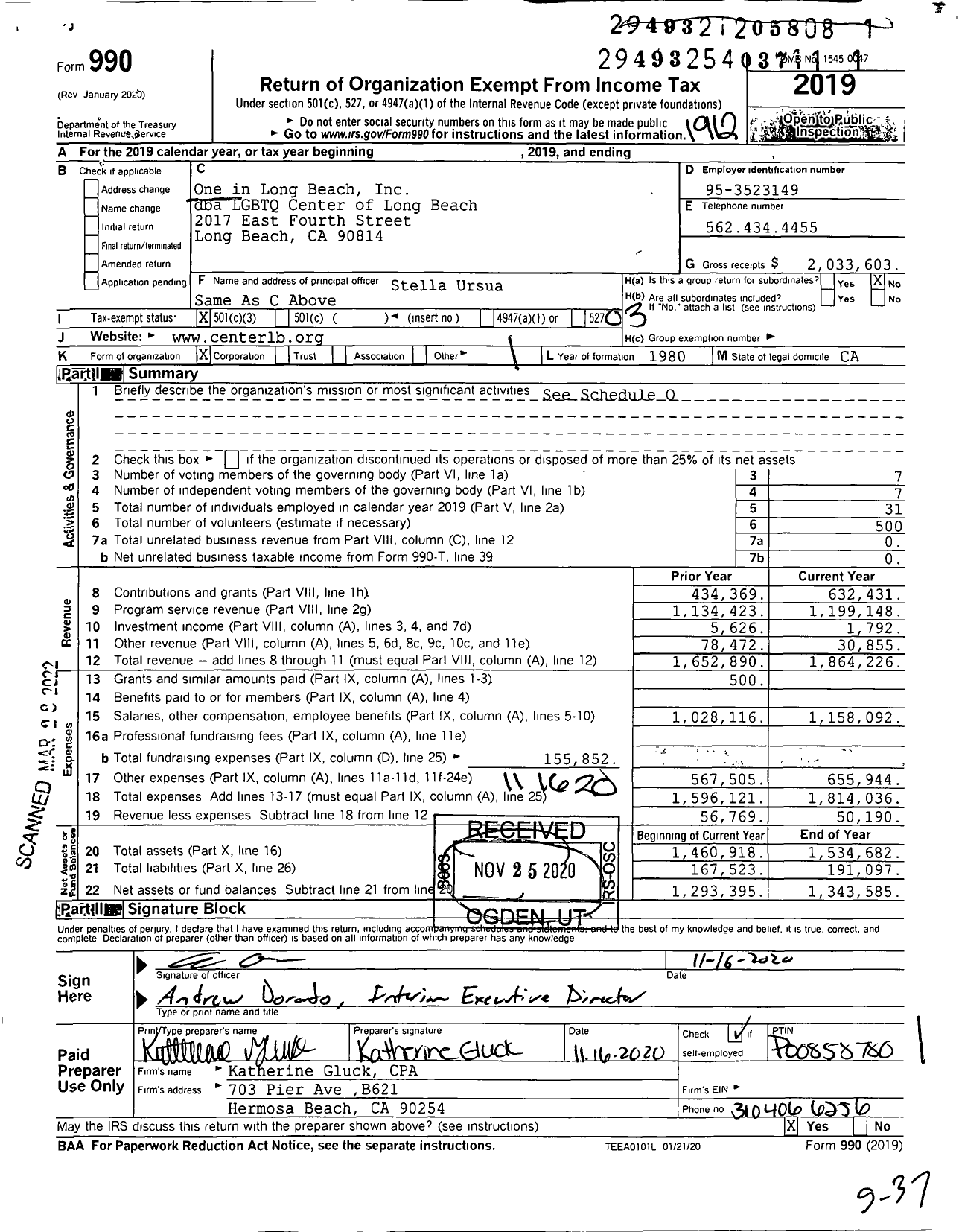 Image of first page of 2019 Form 990 for LGBTQ Center Long Beach