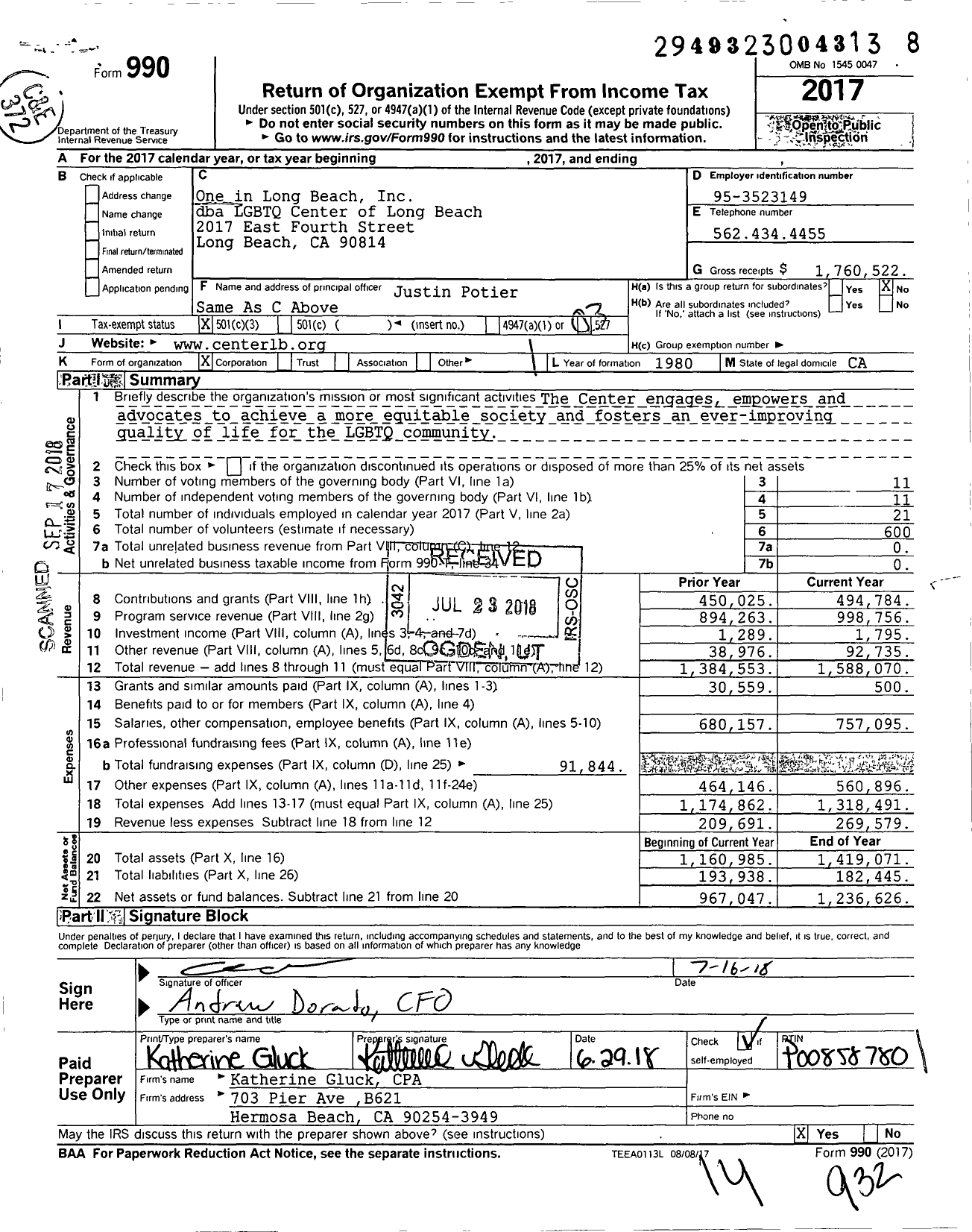 Image of first page of 2017 Form 990 for LGBTQ Center Long Beach