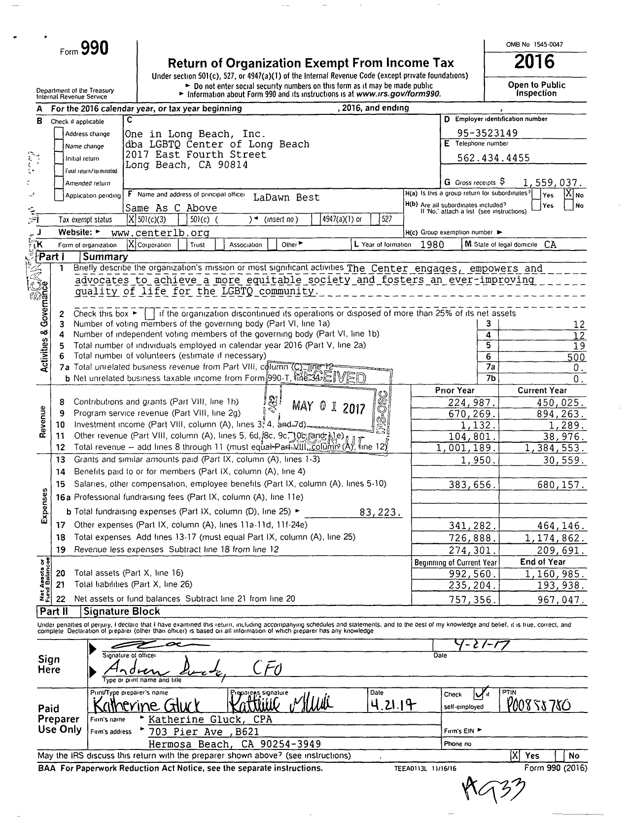 Image of first page of 2016 Form 990 for LGBTQ Center Long Beach