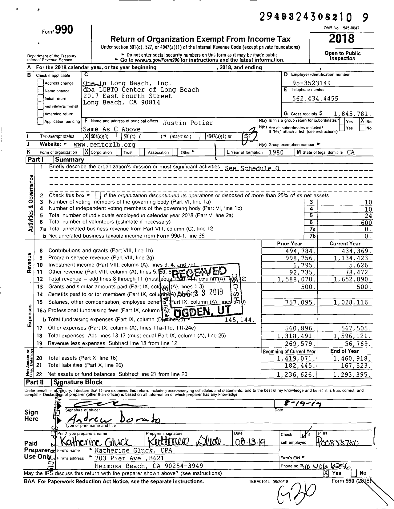 Image of first page of 2018 Form 990 for LGBTQ Center Long Beach