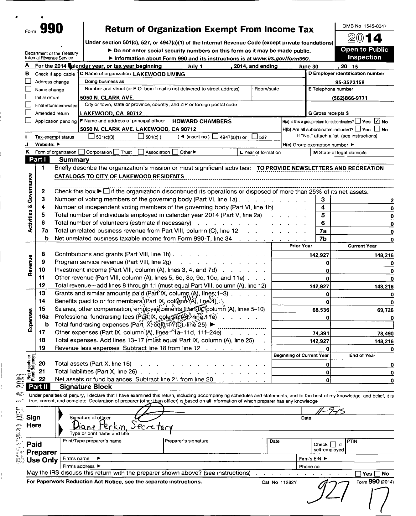 Image of first page of 2014 Form 990O for Lakewood Living