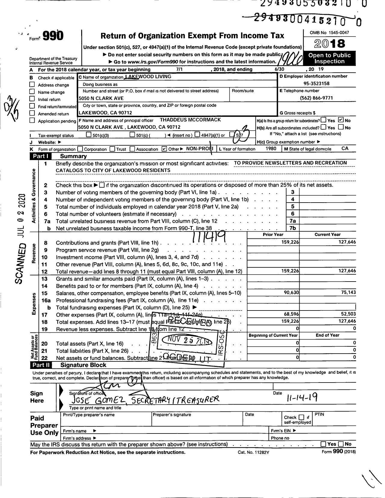 Image of first page of 2018 Form 990 for Lakewood Living