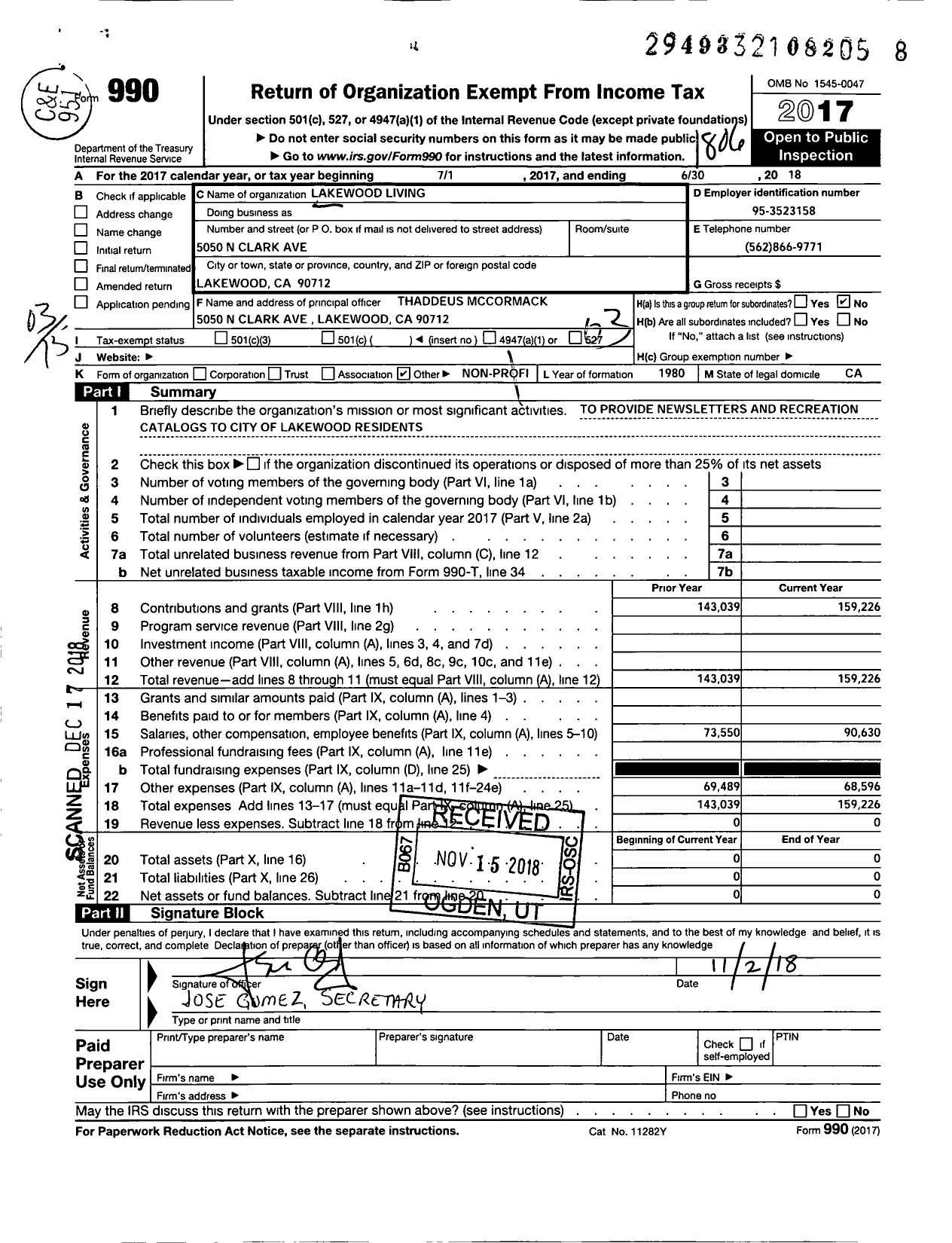 Image of first page of 2017 Form 990 for Lakewood Living