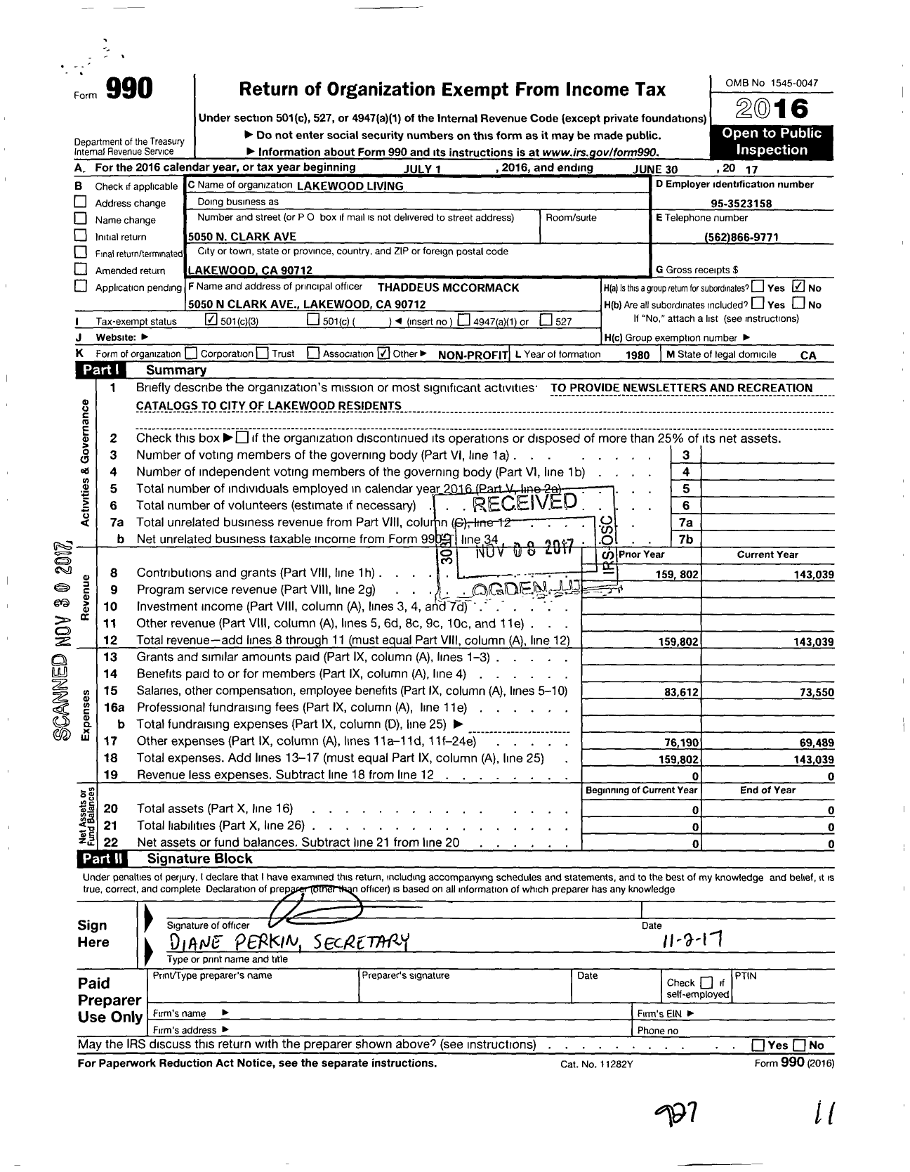 Image of first page of 2016 Form 990 for Lakewood Living