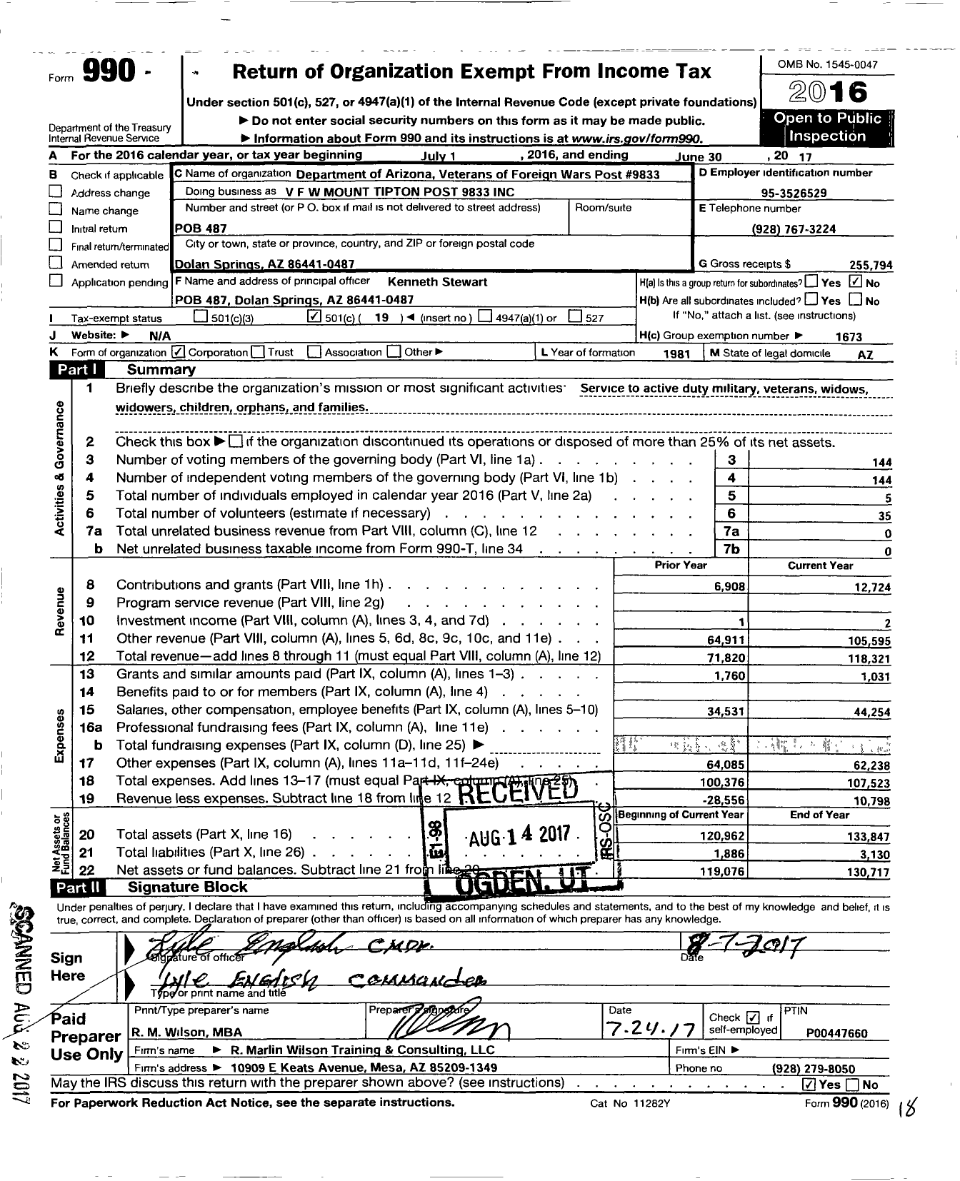 Image of first page of 2016 Form 990O for Veterans of Foreign Wars of Arizona - 9833 Mount Tipton Post