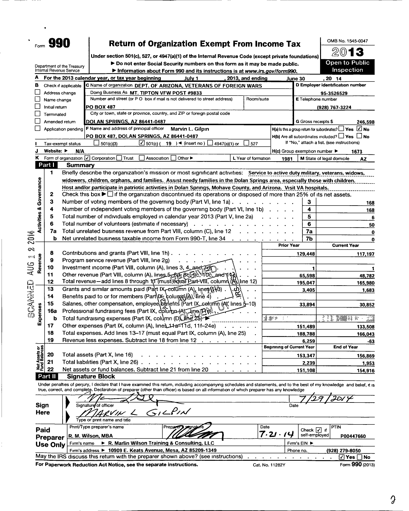 Image of first page of 2013 Form 990O for Veterans of Foreign Wars of Arizona - 9833 Mount Tipton Post
