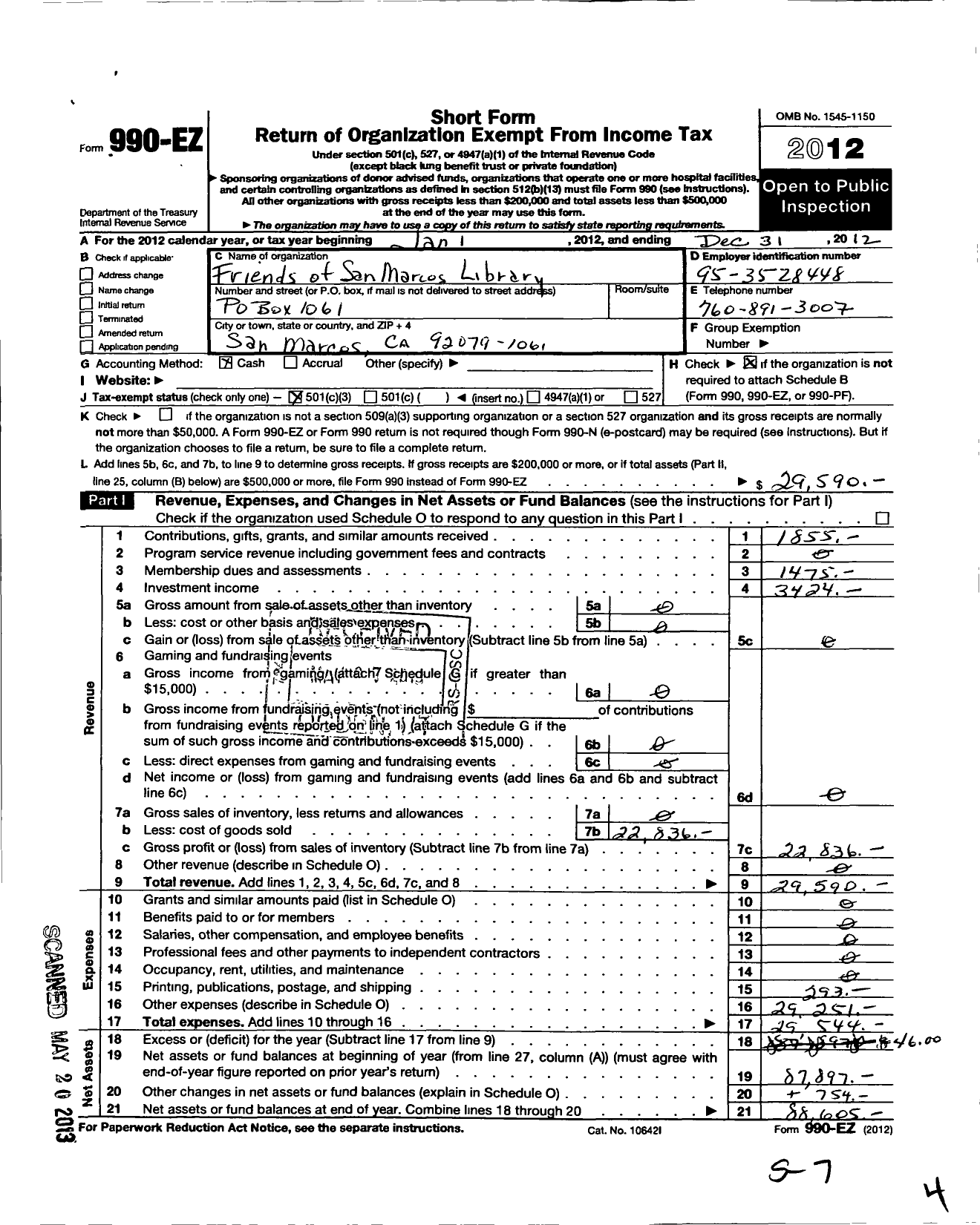 Image of first page of 2012 Form 990EZ for Friends of the San Marcos Library